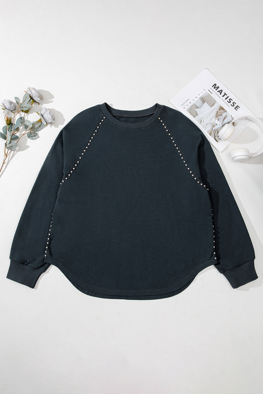Black Studded Decor Ribbed Edge Mineral Wash Plus Size Sweater