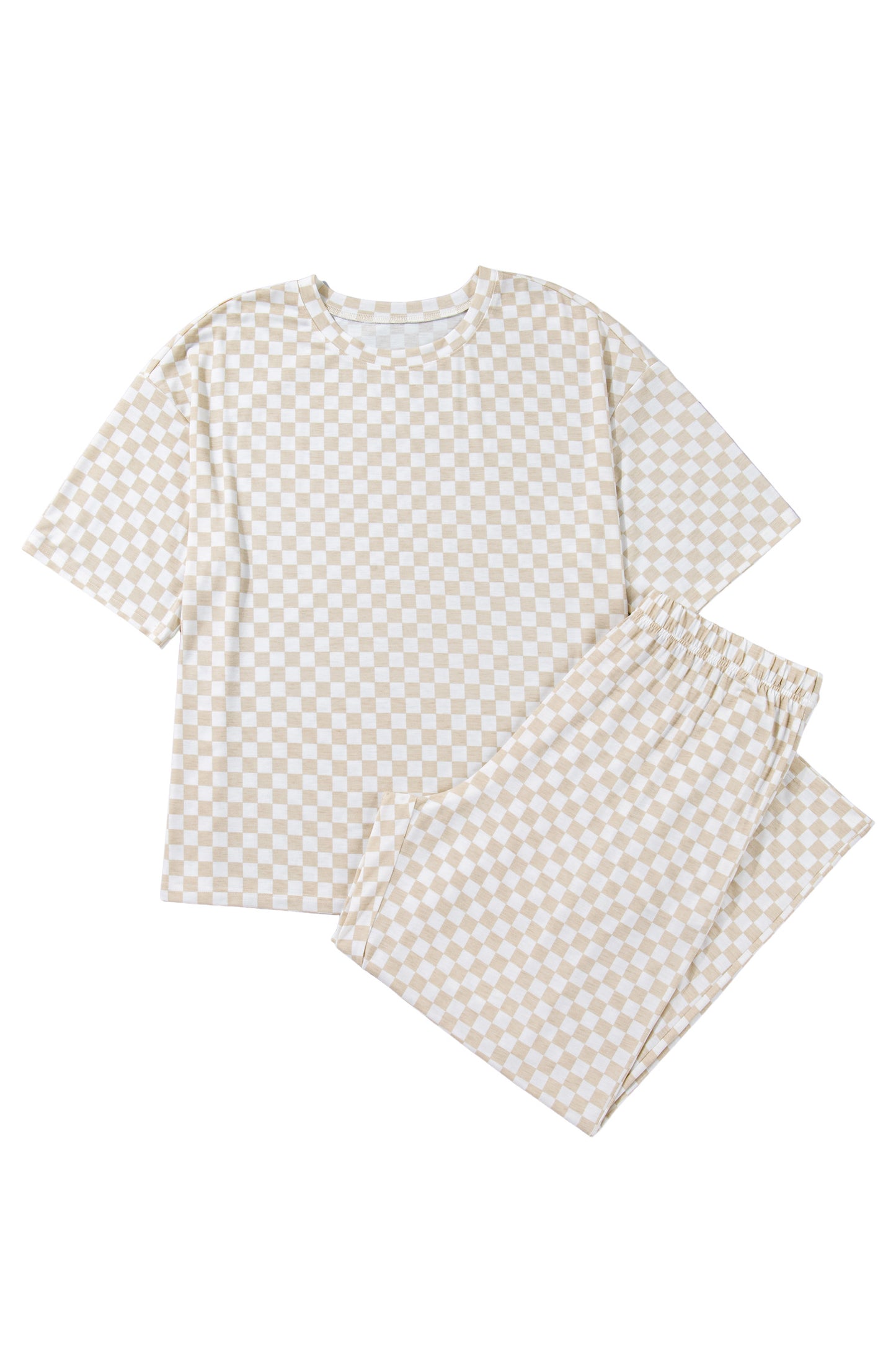 Khaki Plus Size Checkered Print Half Sleeve Tee Loose Pants Set