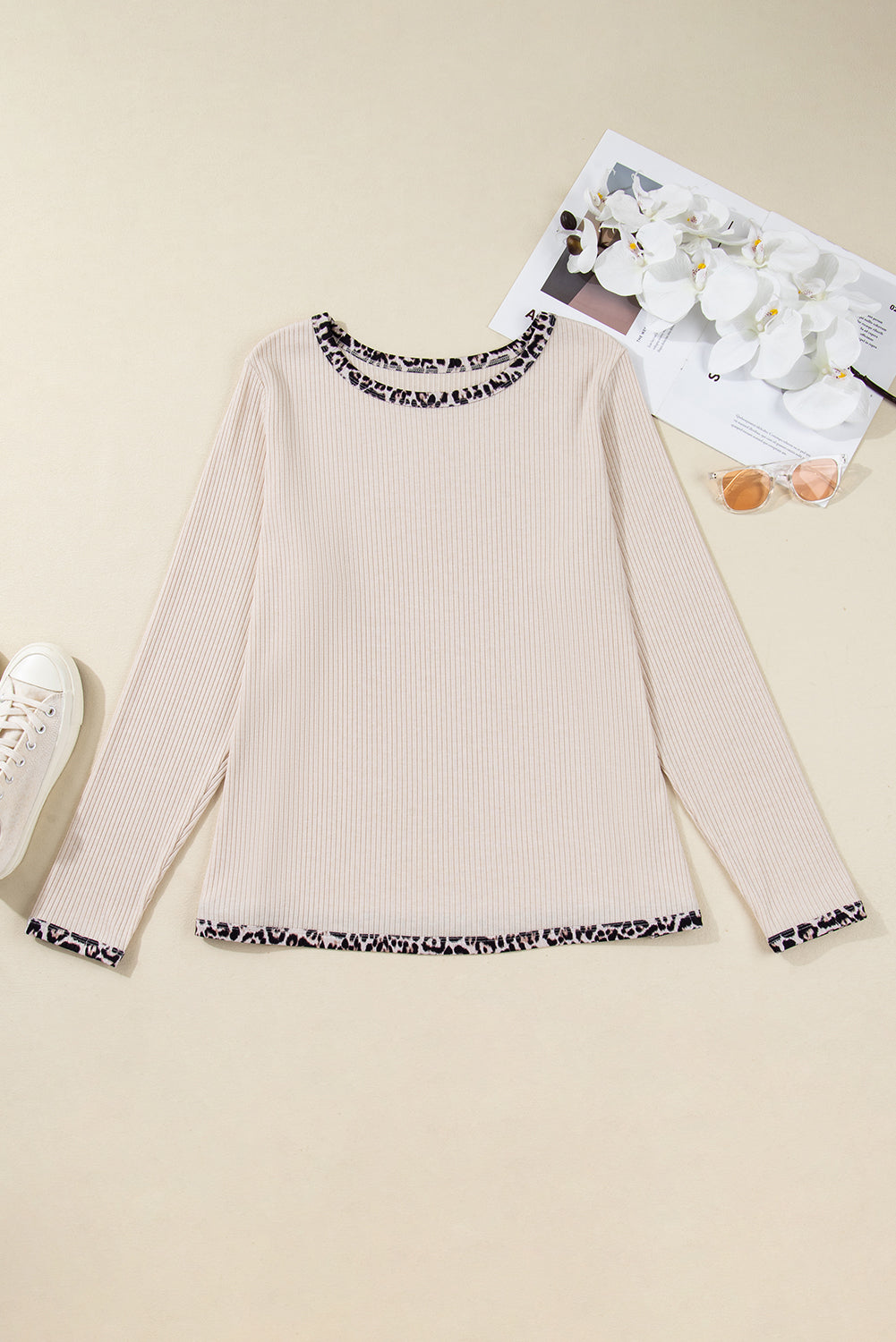 Parchment Ribbed Contrast Leopard Neck Plus Knit Top