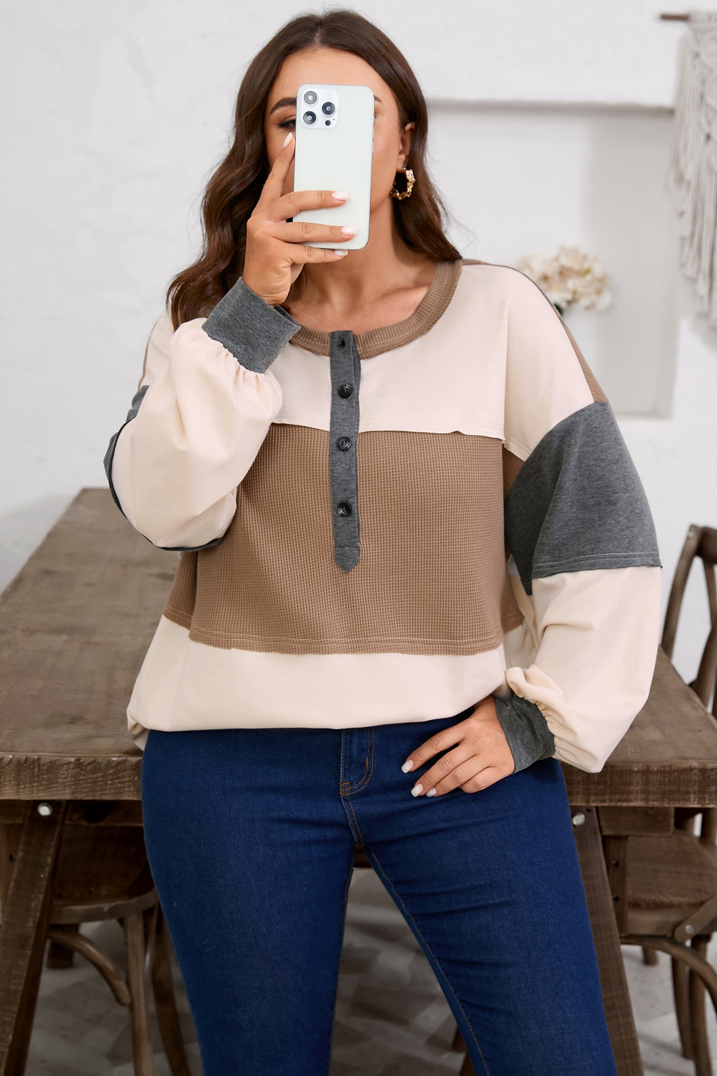 Jet Stream Waffle Patchwork Colorblock Half Buttons Casual Plus Size Knit Sweater
