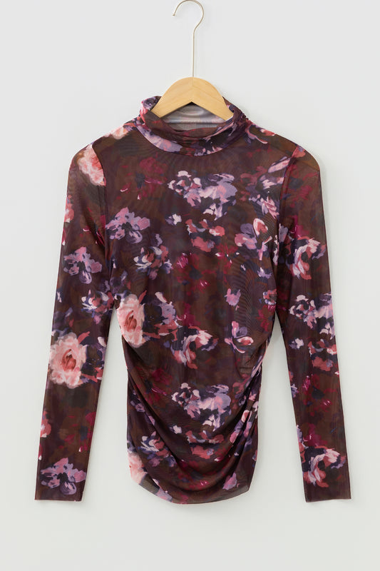 Brown High Neck Ruched Floral Mesh Top