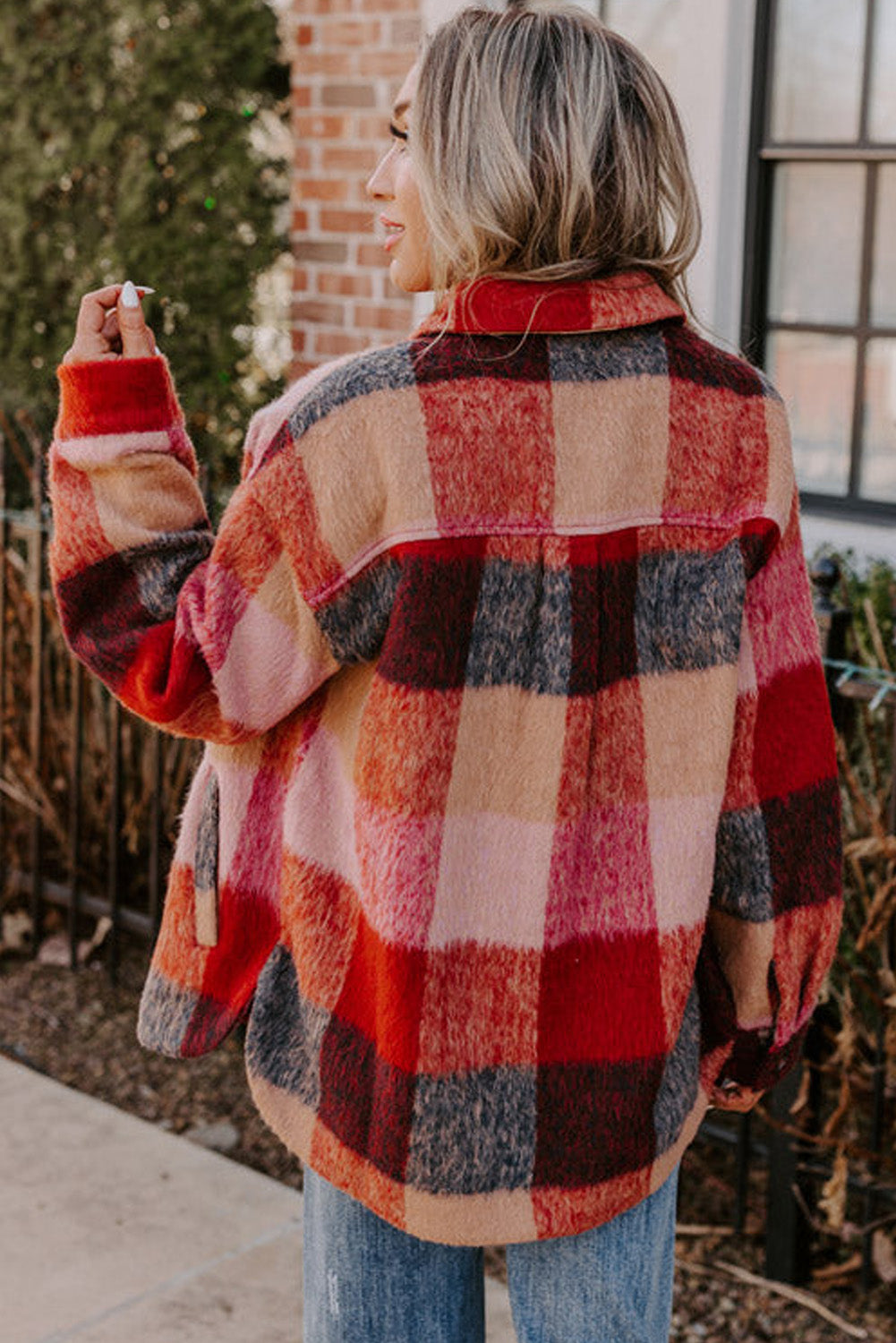 Orange Plaid Print Flap Pockets Buttoned Casual Plus Size Shacket