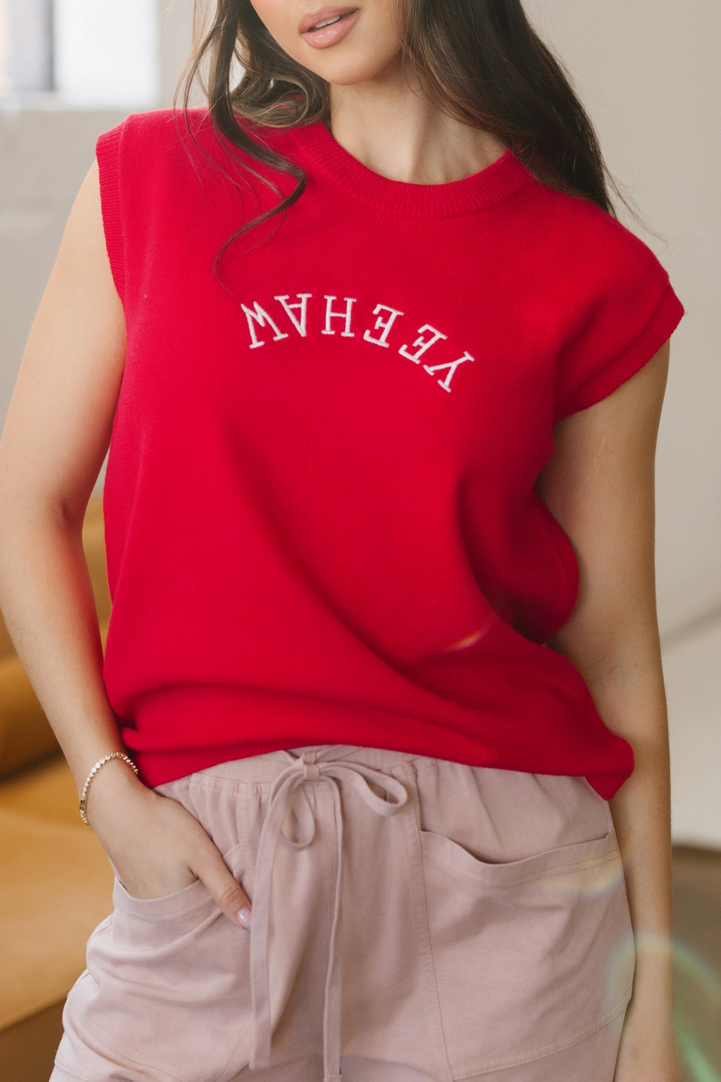 Fiery Red YEEHAW Embroidered Letter L0oose Short Sleeve Sweater