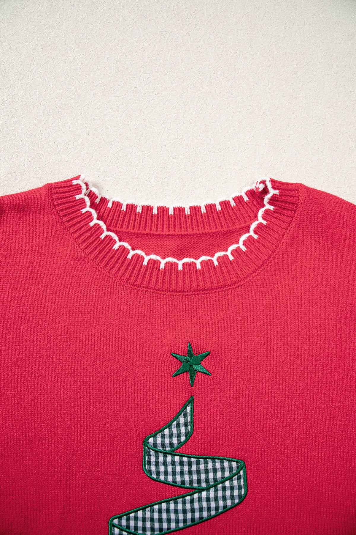 Racing Red Stitched Detail Christmas Tree Holiday Casual Sweater