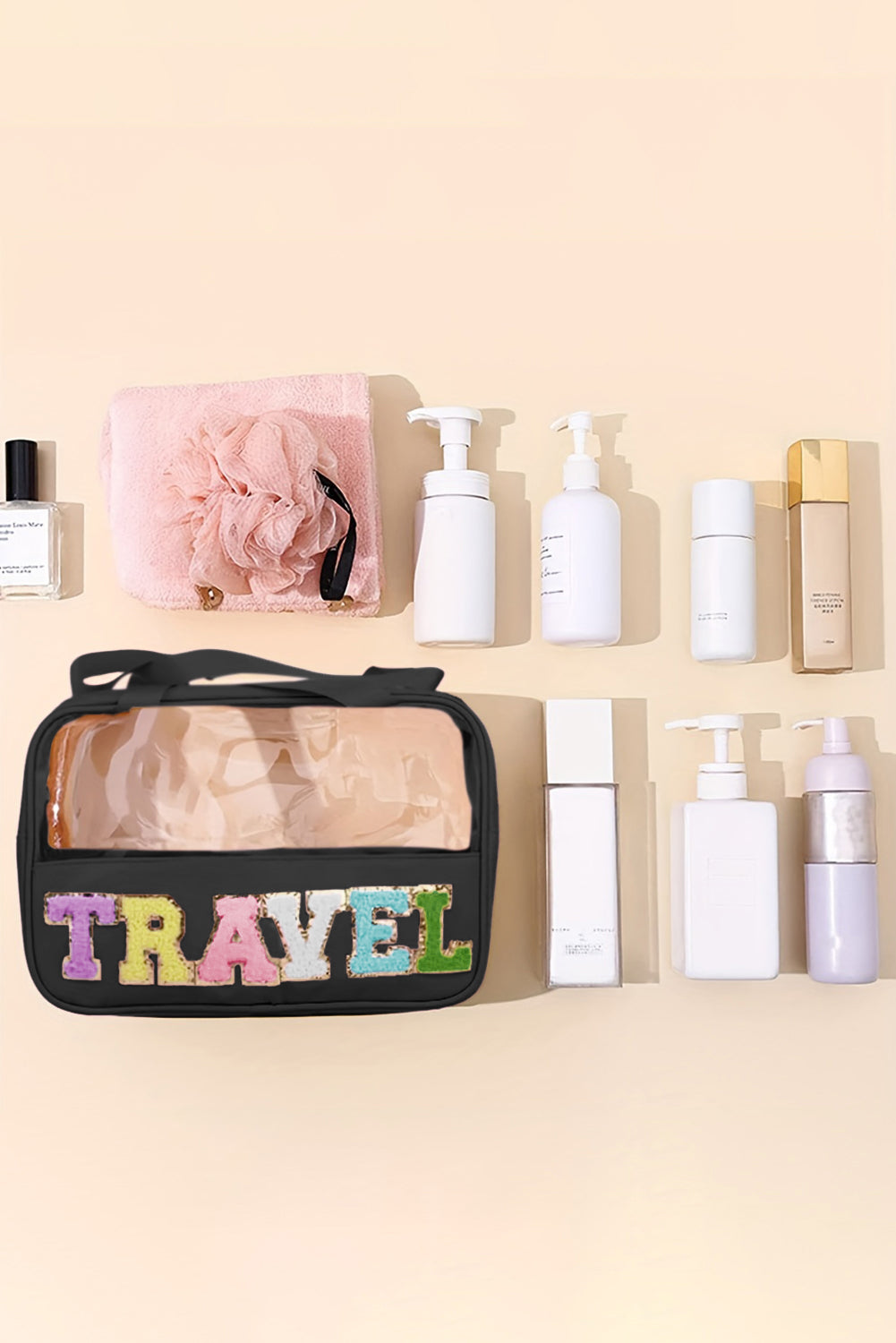 Black TRAVEL Chenille Letter Clear PVC Makeup Bag