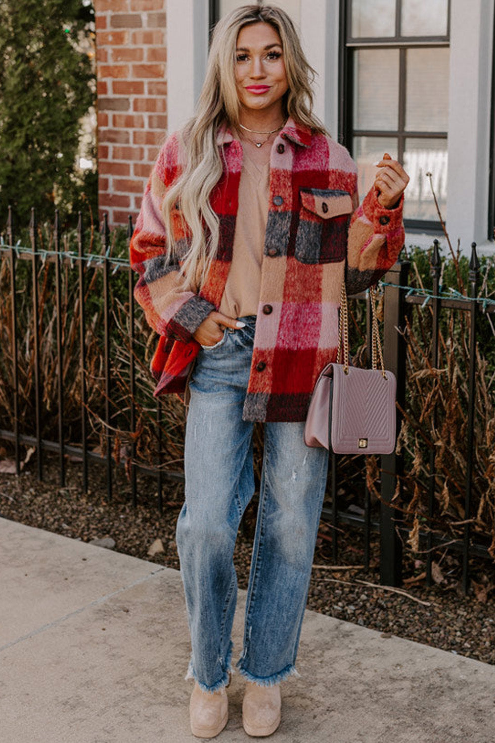 Orange Plaid Print Flap Pockets Buttoned Casual Plus Size Shacket