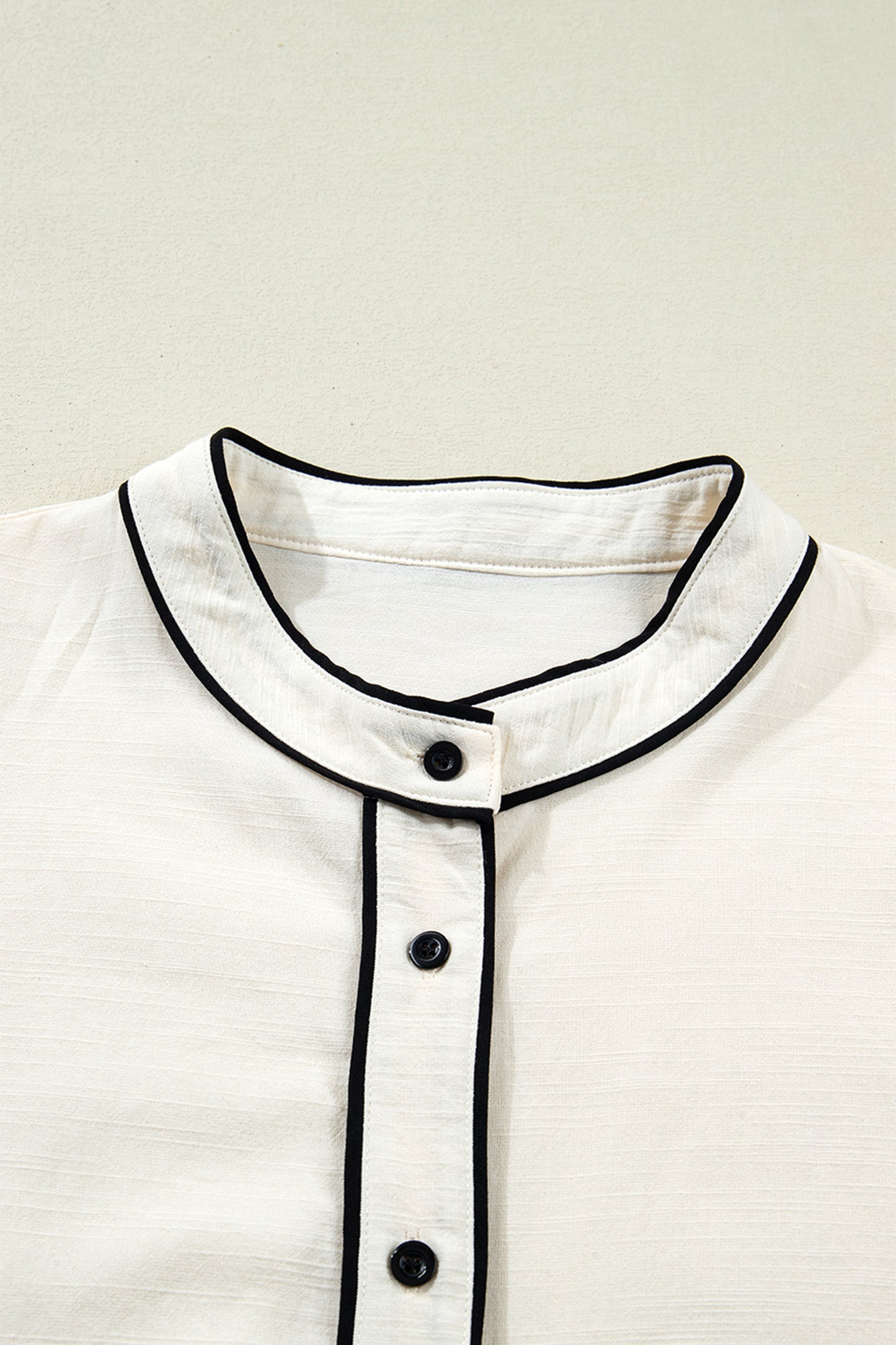 Beige Contrast Color Trim Button Down Long Puff Sleeve Blouse