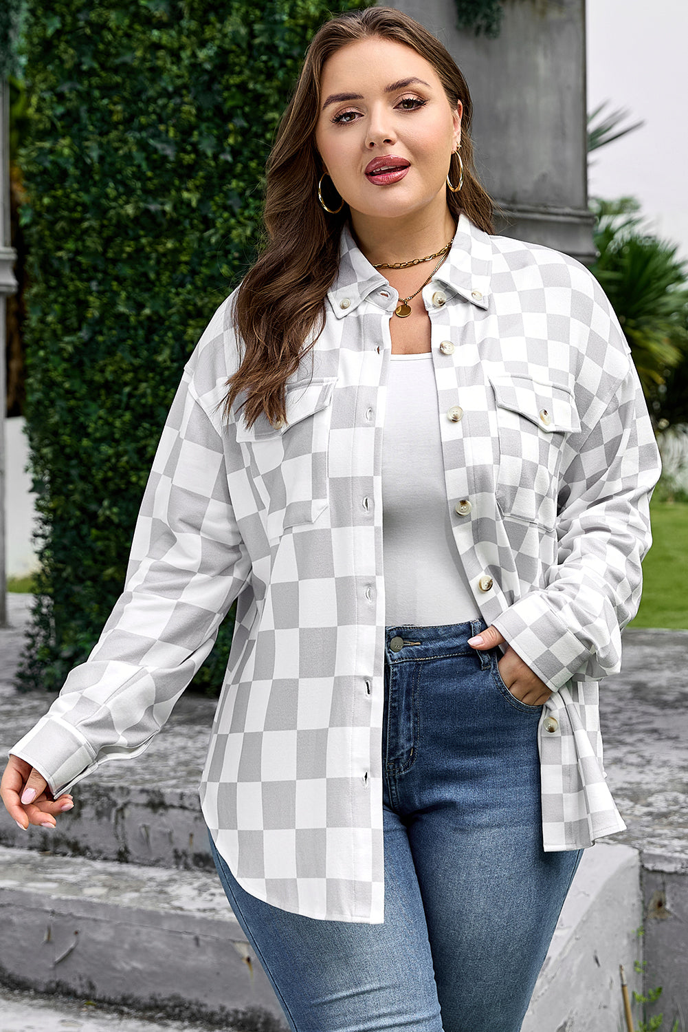 Khaki Plus Size Checkered Buttoned Down Casual Western Shacket