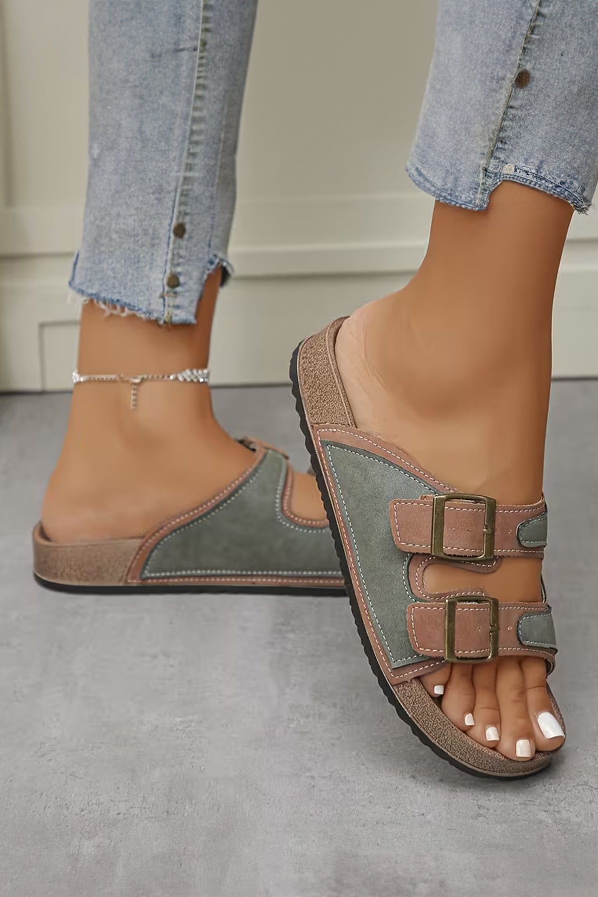Camel Embroidered Trim Retro Buckle Faux Suede Slippers