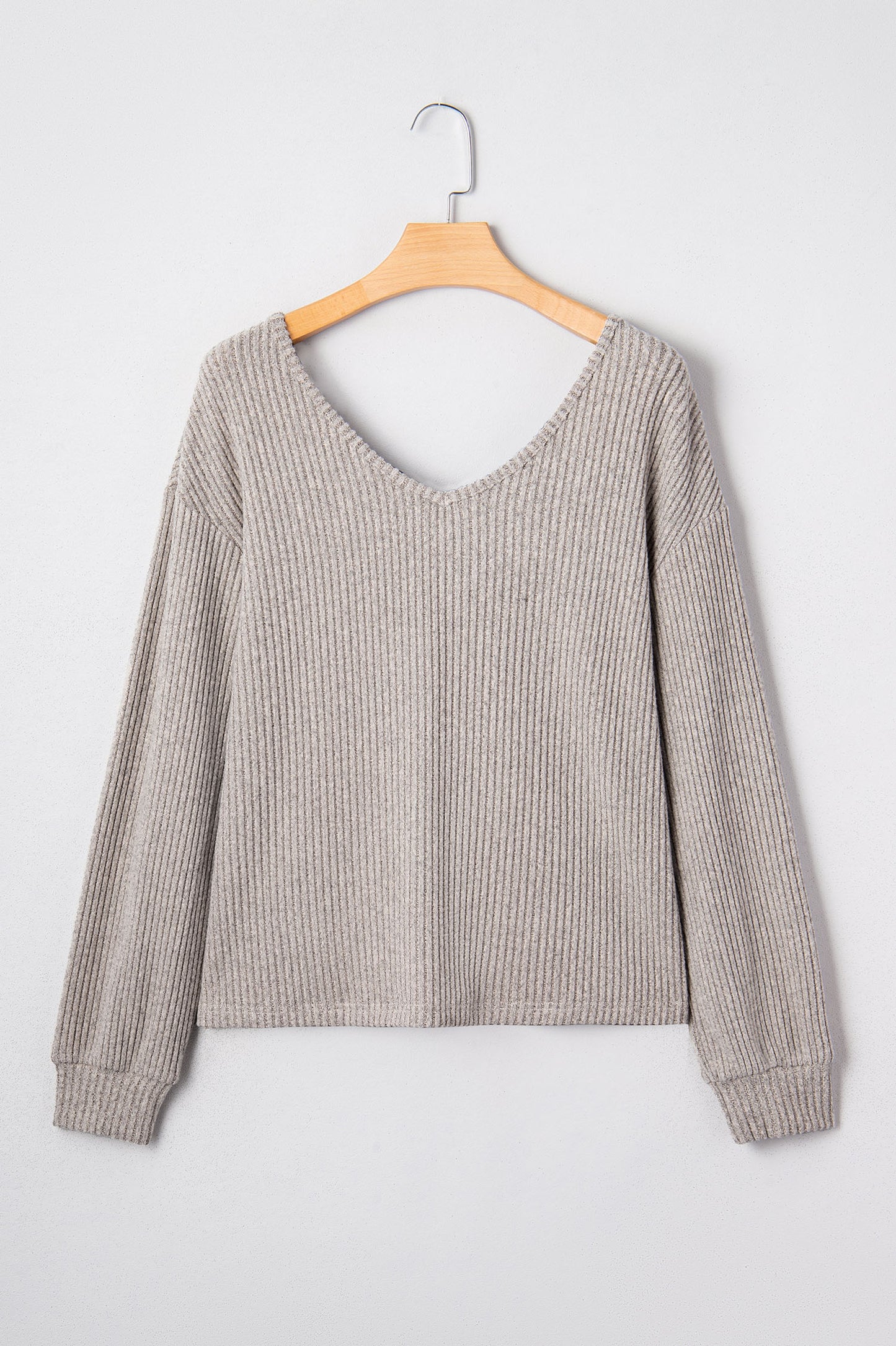 Simply Taupe Ribbed V Neck Contrast Ribbon Bow Back Drop Shoulder Long Sleeve Top