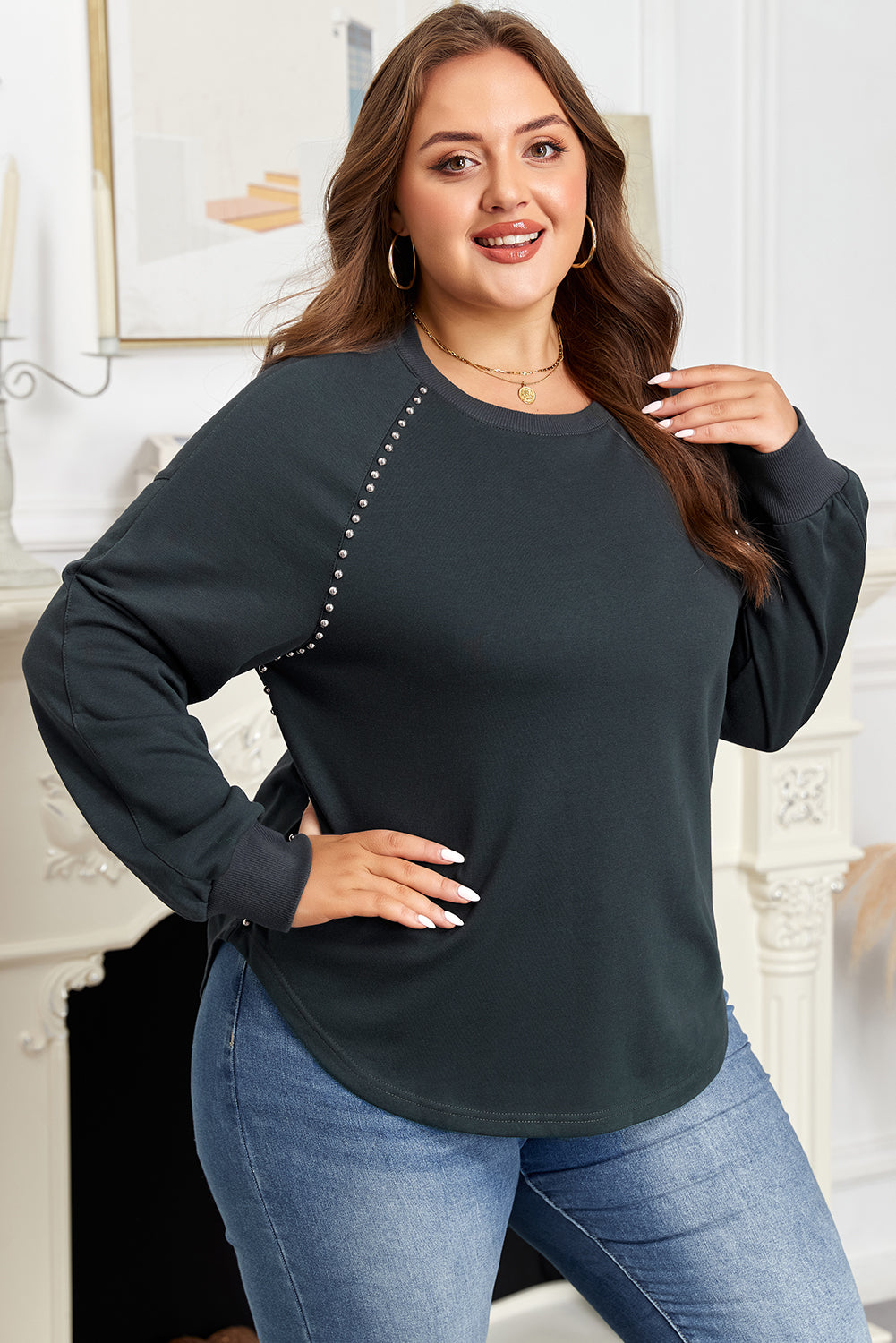 Black Studded Decor Ribbed Edge Mineral Wash Plus Size Sweater