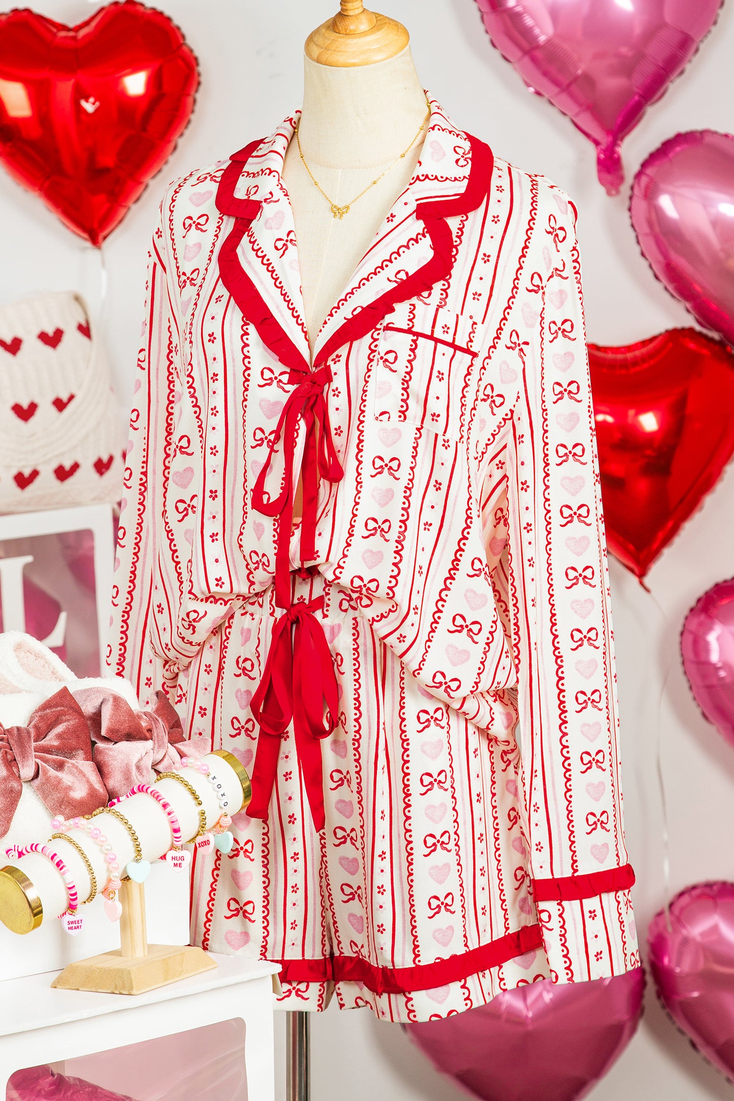 Red Sweet Floral Heart Bow Print Contrast Trim Long Sleeve Shirt Pajama Short Set