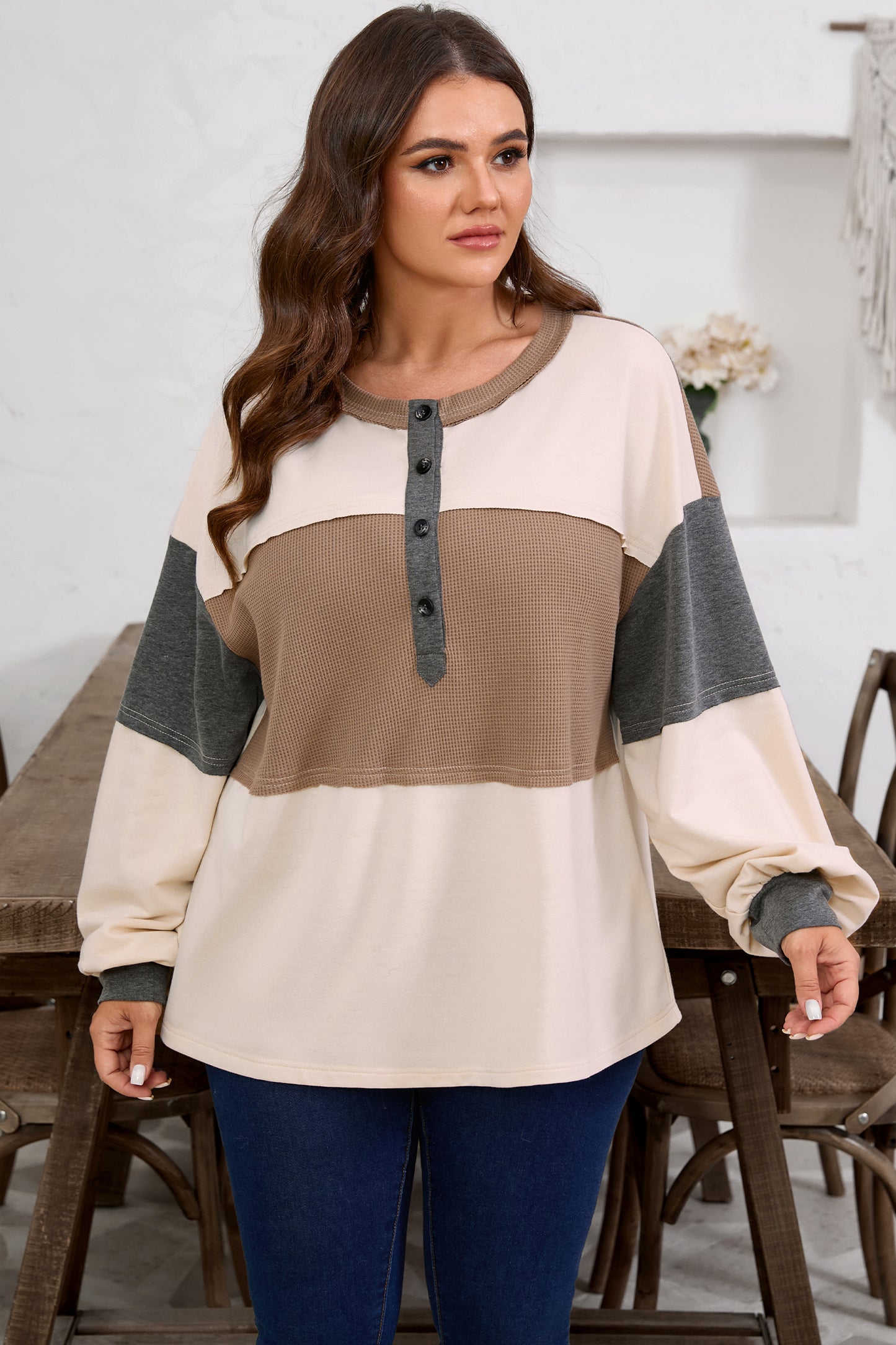 Jet Stream Waffle Patchwork Colorblock Half Buttons Casual Plus Size Knit Sweater