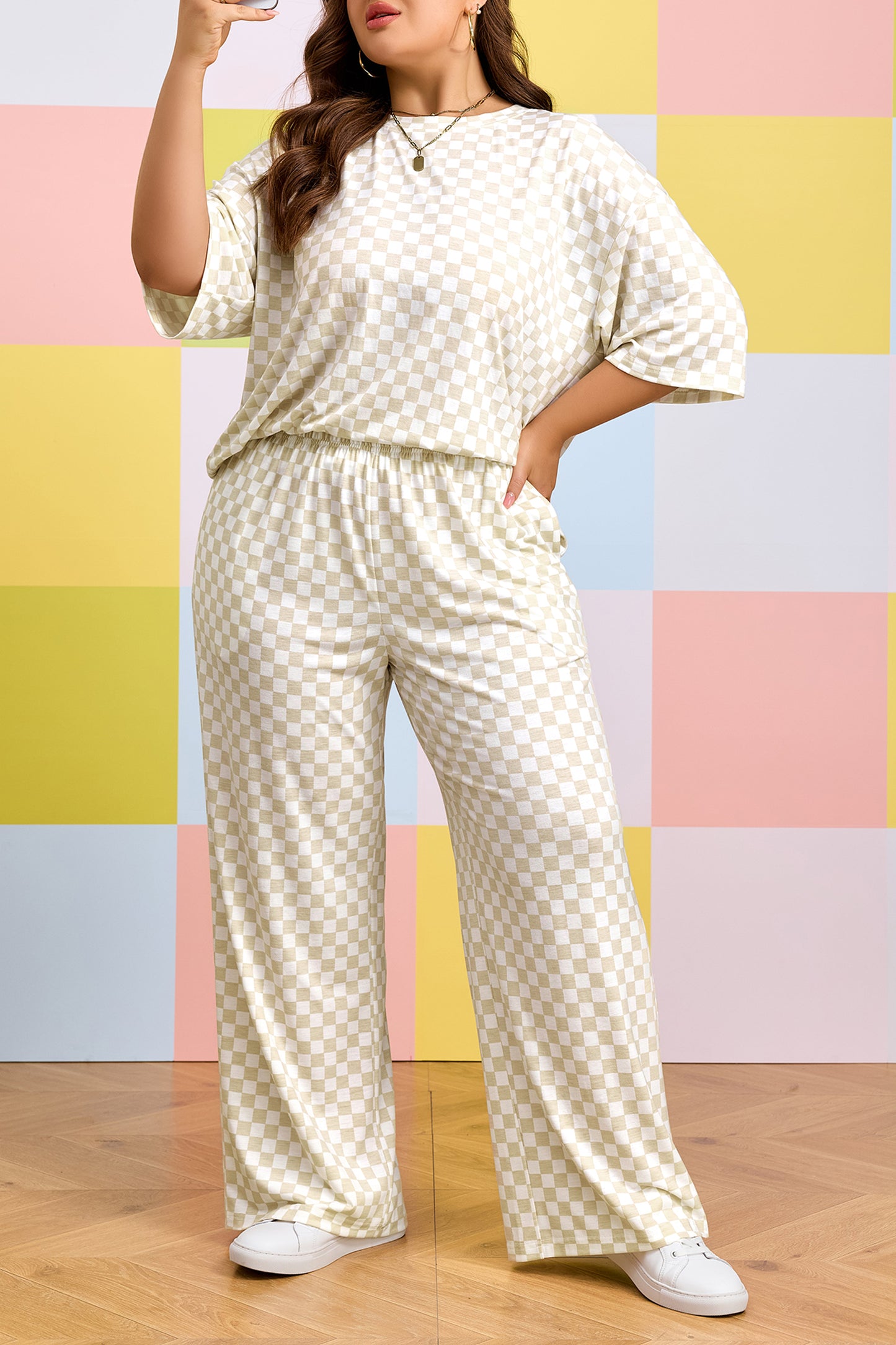 Khaki Plus Size Checkered Print Half Sleeve Tee Loose Pants Set