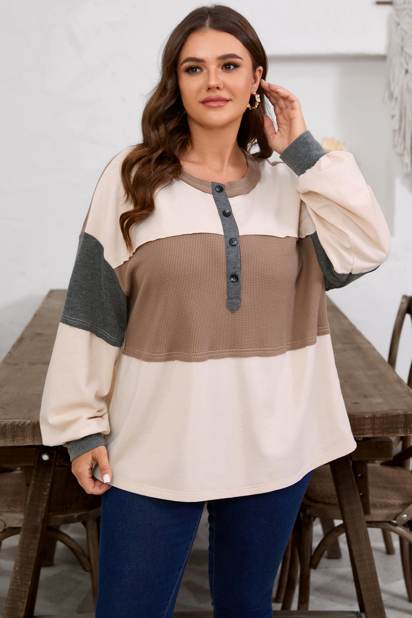 Jet Stream Waffle Patchwork Colorblock Half Buttons Casual Plus Size Knit Sweater