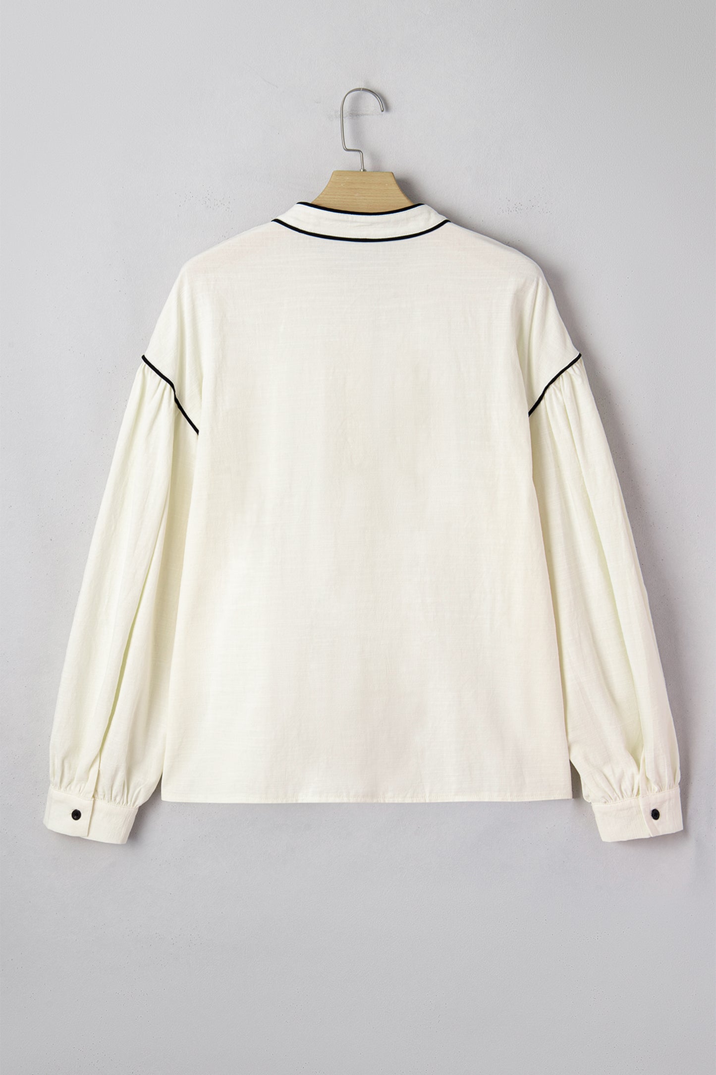 Beige Contrast Color Trim Button Down Long Puff Sleeve Blouse
