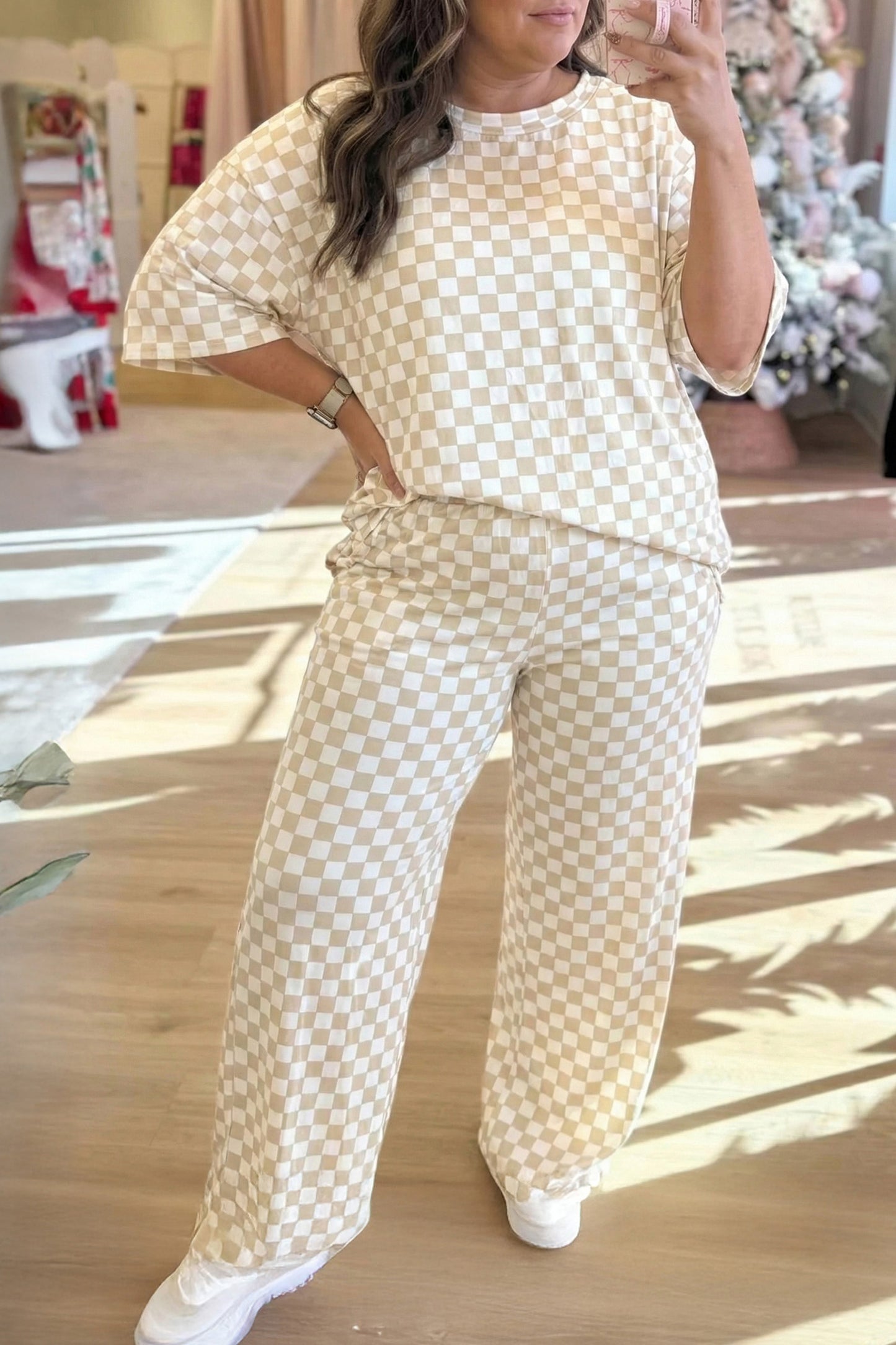 Khaki Plus Size Checkered Print Half Sleeve Tee Loose Pants Set