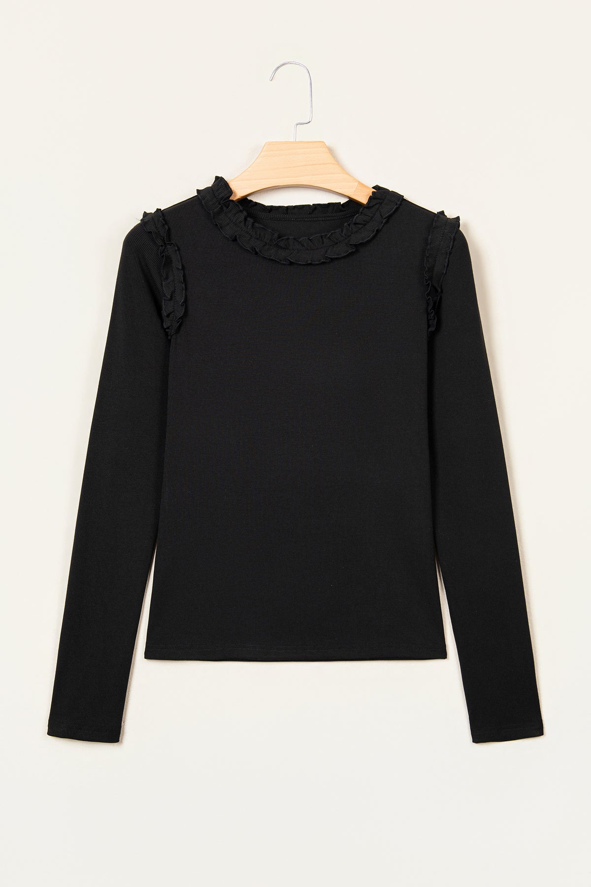 Beige Solid Color Round Neck Frill Detail Long Sleeve Top