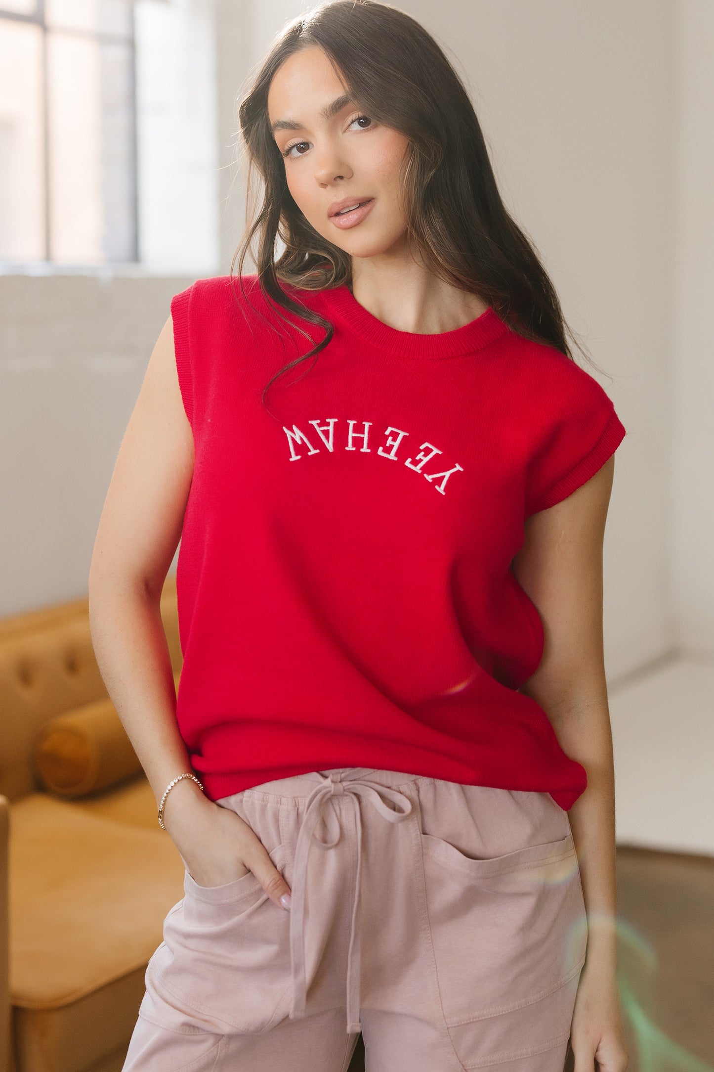 Fiery Red YEEHAW Embroidered Letter L0oose Short Sleeve Sweater