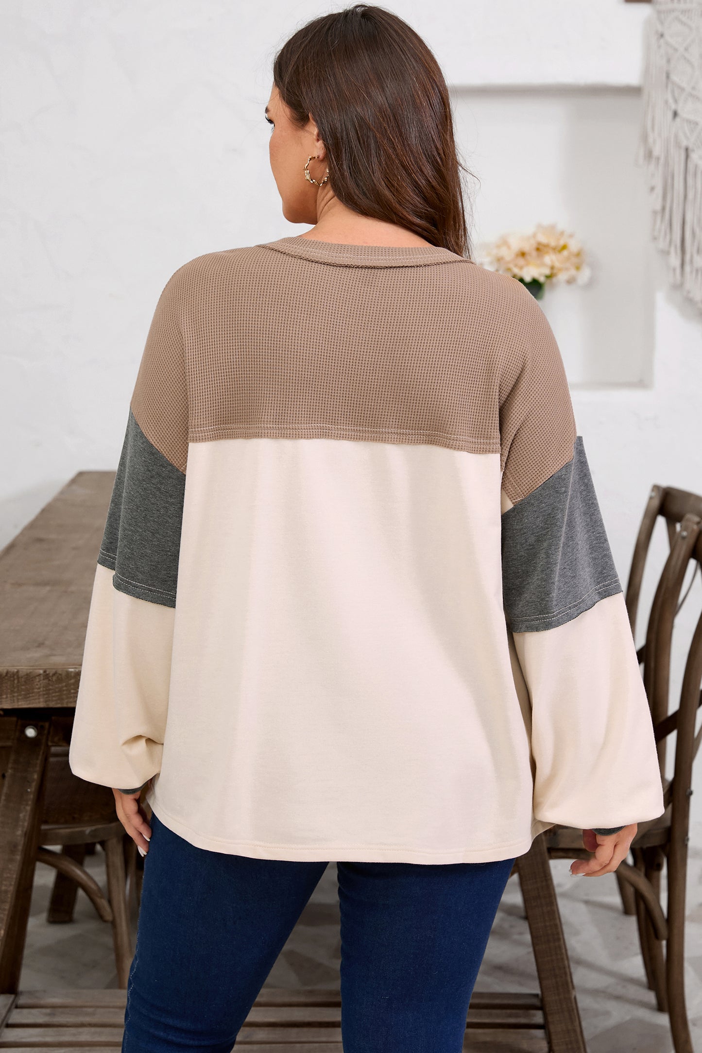 Jet Stream Waffle Patchwork Colorblock Half Buttons Casual Plus Size Knit Sweater