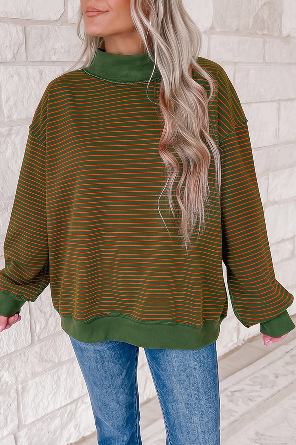 Green Stripe Ribbed Color Block Mock Neck Oversized Sweatshirt