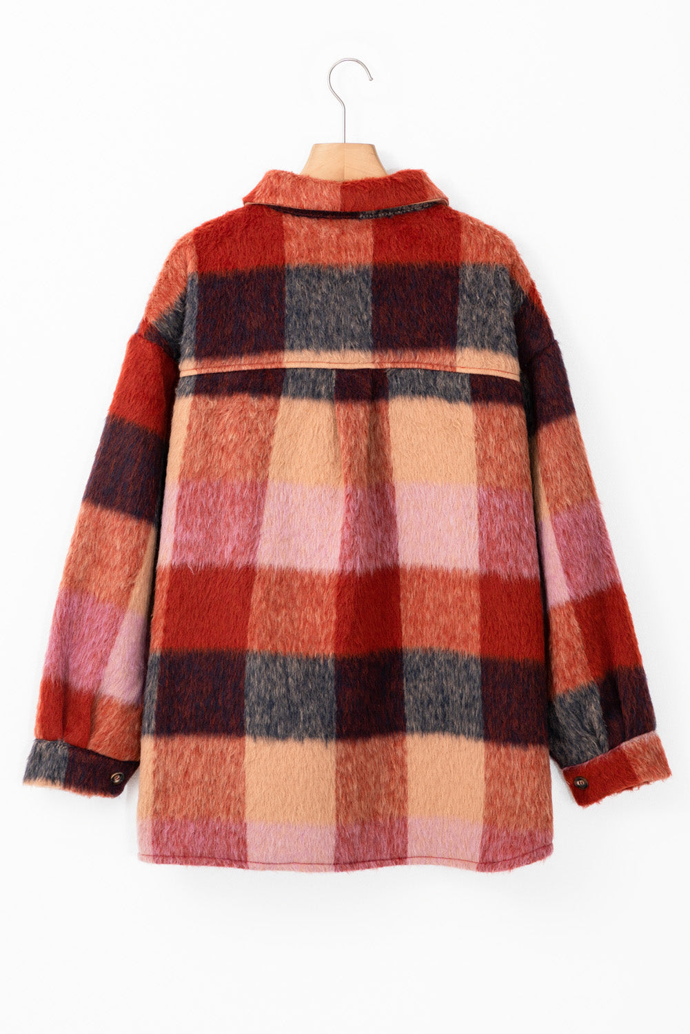 Orange Plaid Print Flap Pockets Buttoned Casual Plus Size Shacket