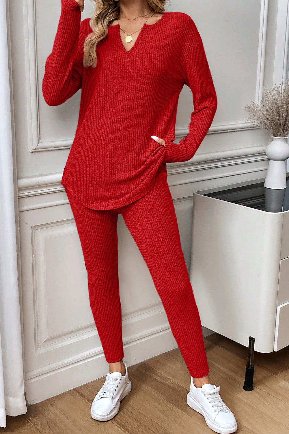 Racing Red Ribbed Notched Neck Knit Long Sleeve Leggings Two Pieces Pant Set