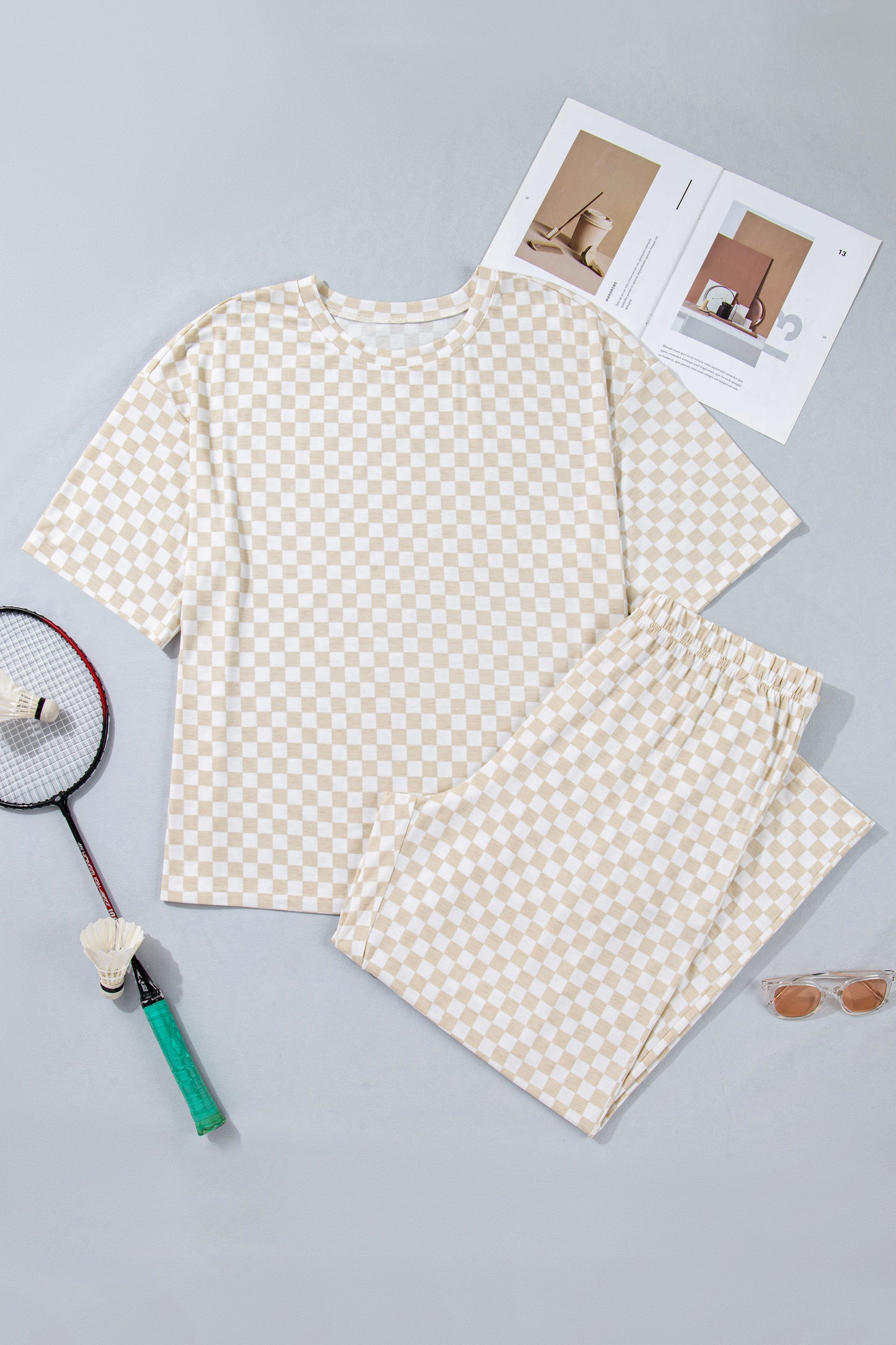 Khaki Plus Size Checkered Print Half Sleeve Tee Loose Pants Set