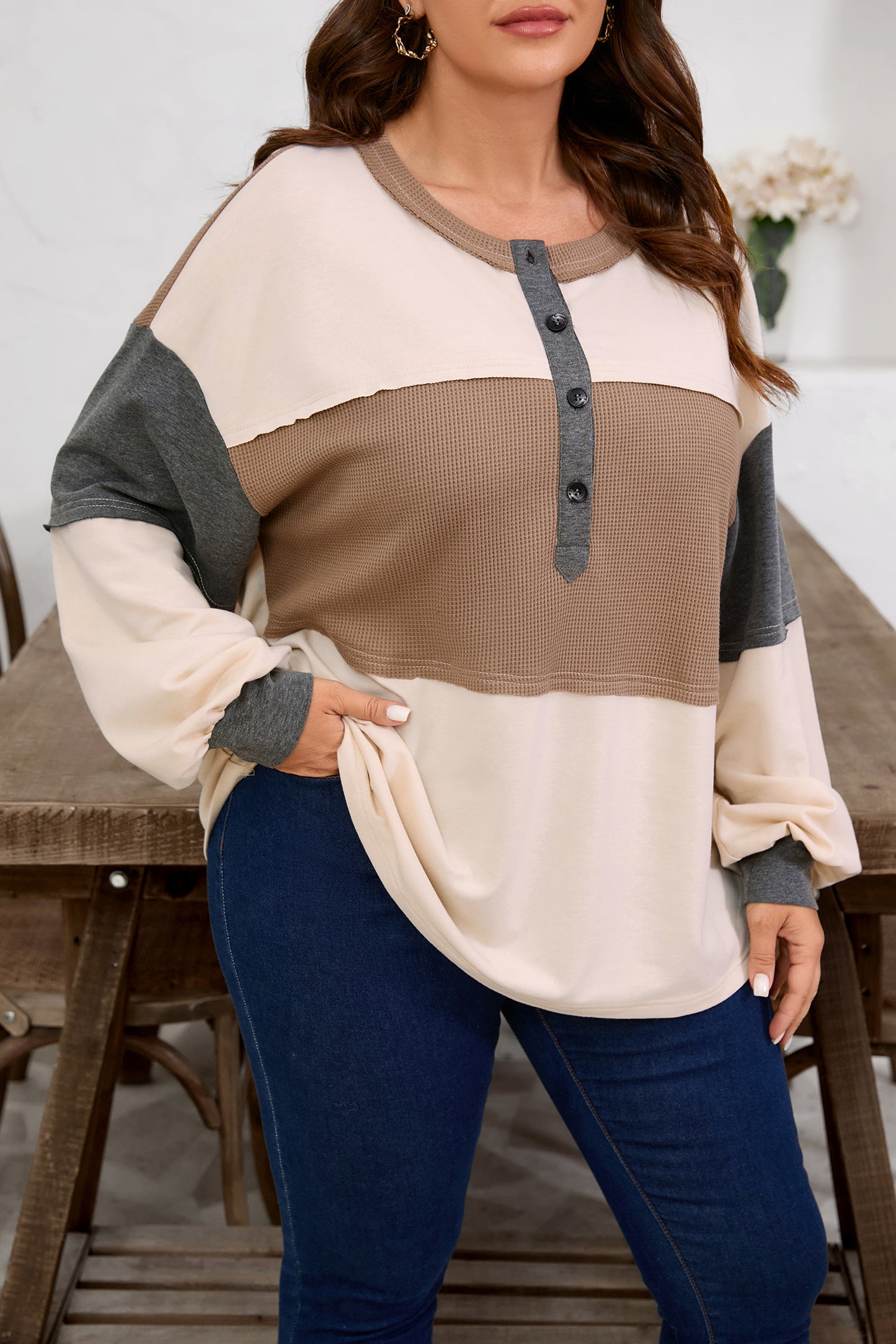 Jet Stream Waffle Patchwork Colorblock Half Buttons Casual Plus Size Knit Sweater
