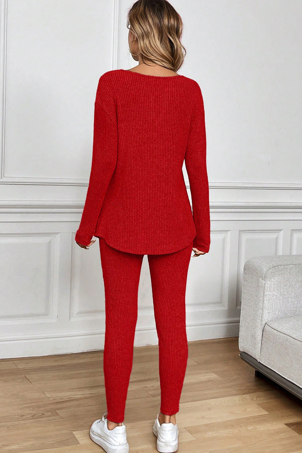 Racing Red Ribbed Notched Neck Knit Long Sleeve Leggings Two Pieces Pant Set