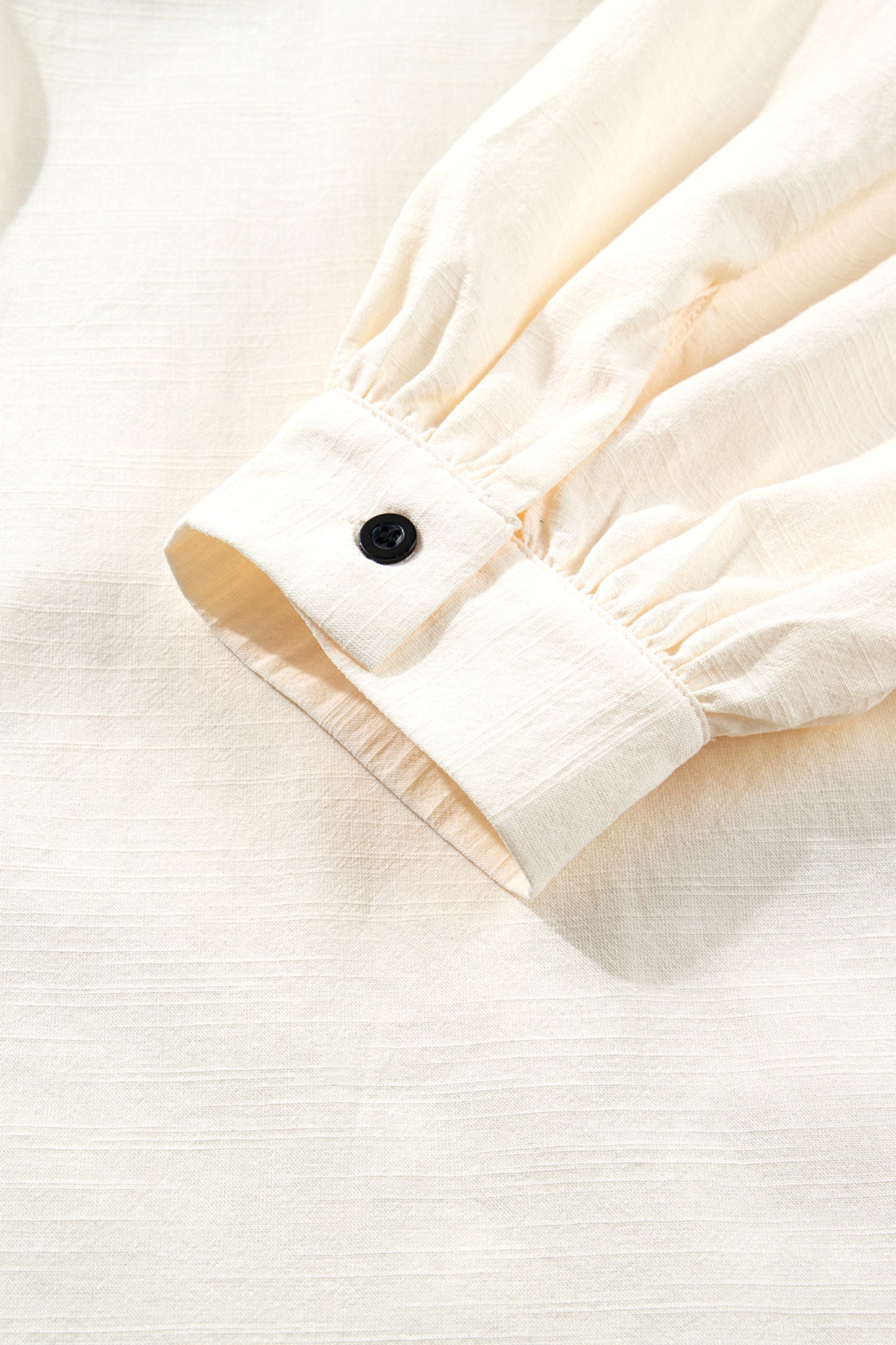 Beige Contrast Color Trim Button Down Long Puff Sleeve Blouse