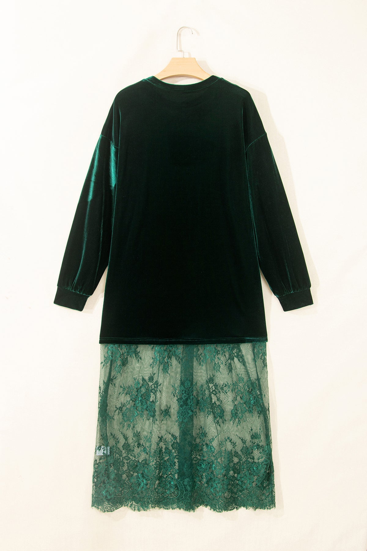 Blackish Green Velvet Long Sleeve Lace Splicing Hem Shift Maxi Dress