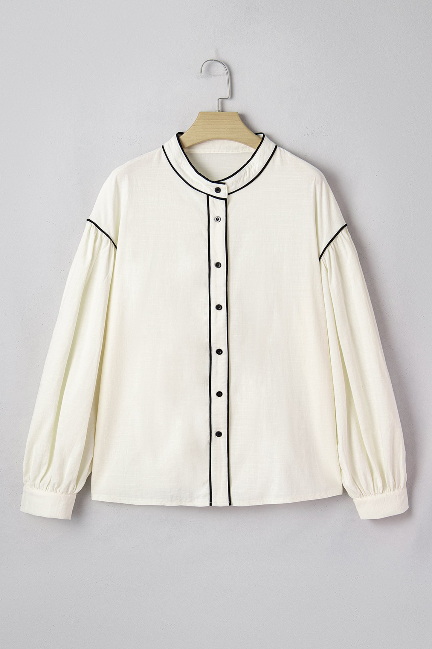 Beige Contrast Color Trim Button Down Long Puff Sleeve Blouse