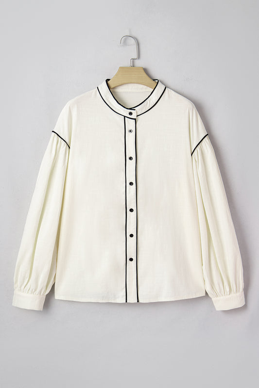 Beige Contrast Color Trim Button Down Long Puff Sleeve Blouse