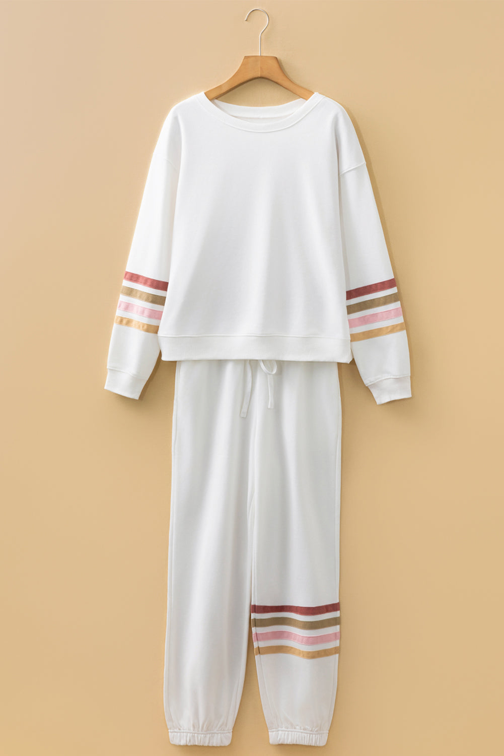 Beige Striped Drop Shoulder Round Neck Pullover and Jogger Pant Set