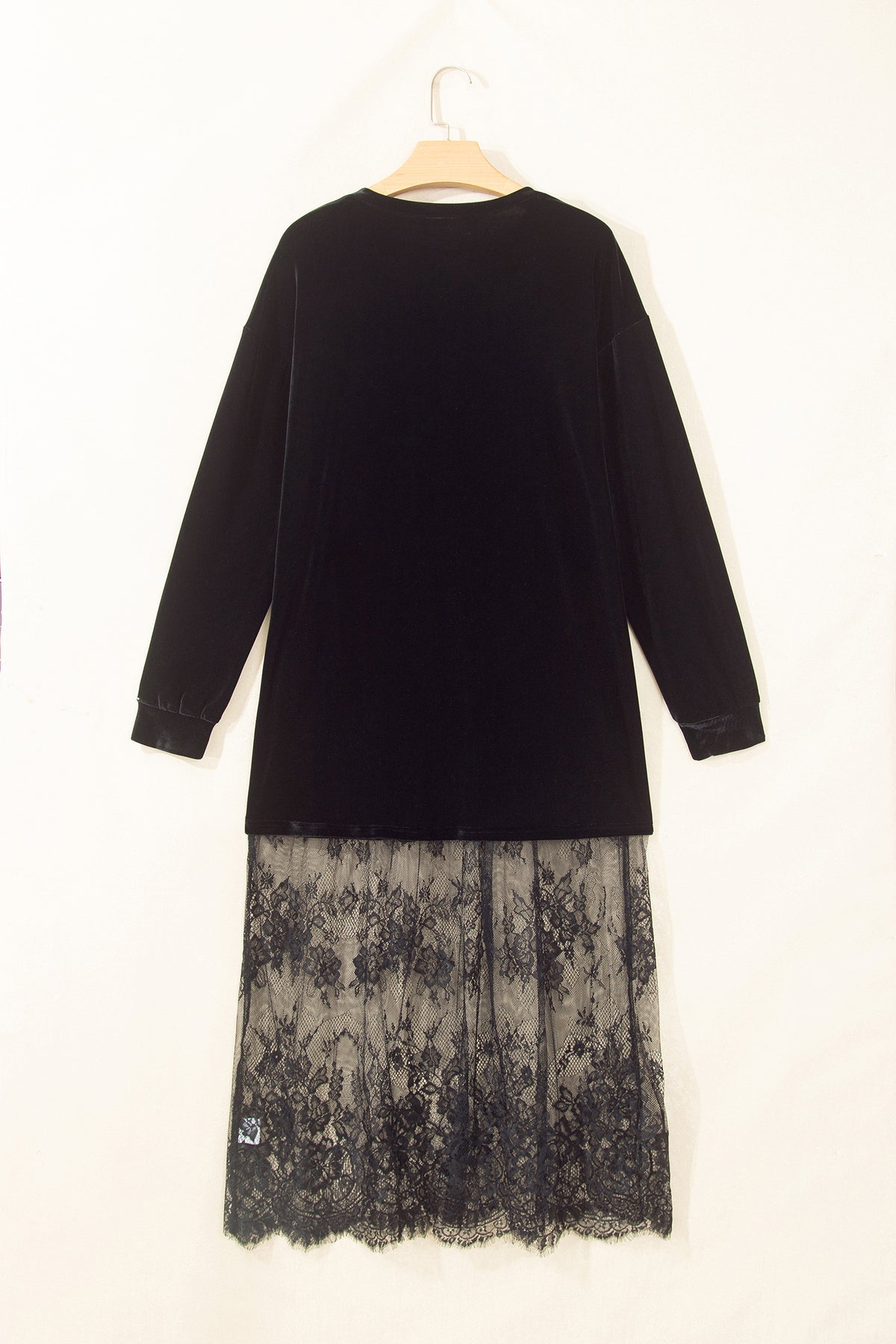 Blackish Green Velvet Long Sleeve Lace Splicing Hem Shift Maxi Dress