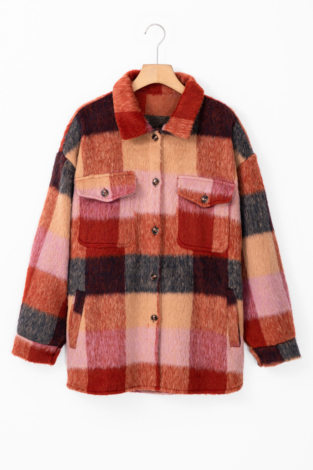Orange Plaid Print Flap Pockets Buttoned Casual Plus Size Shacket