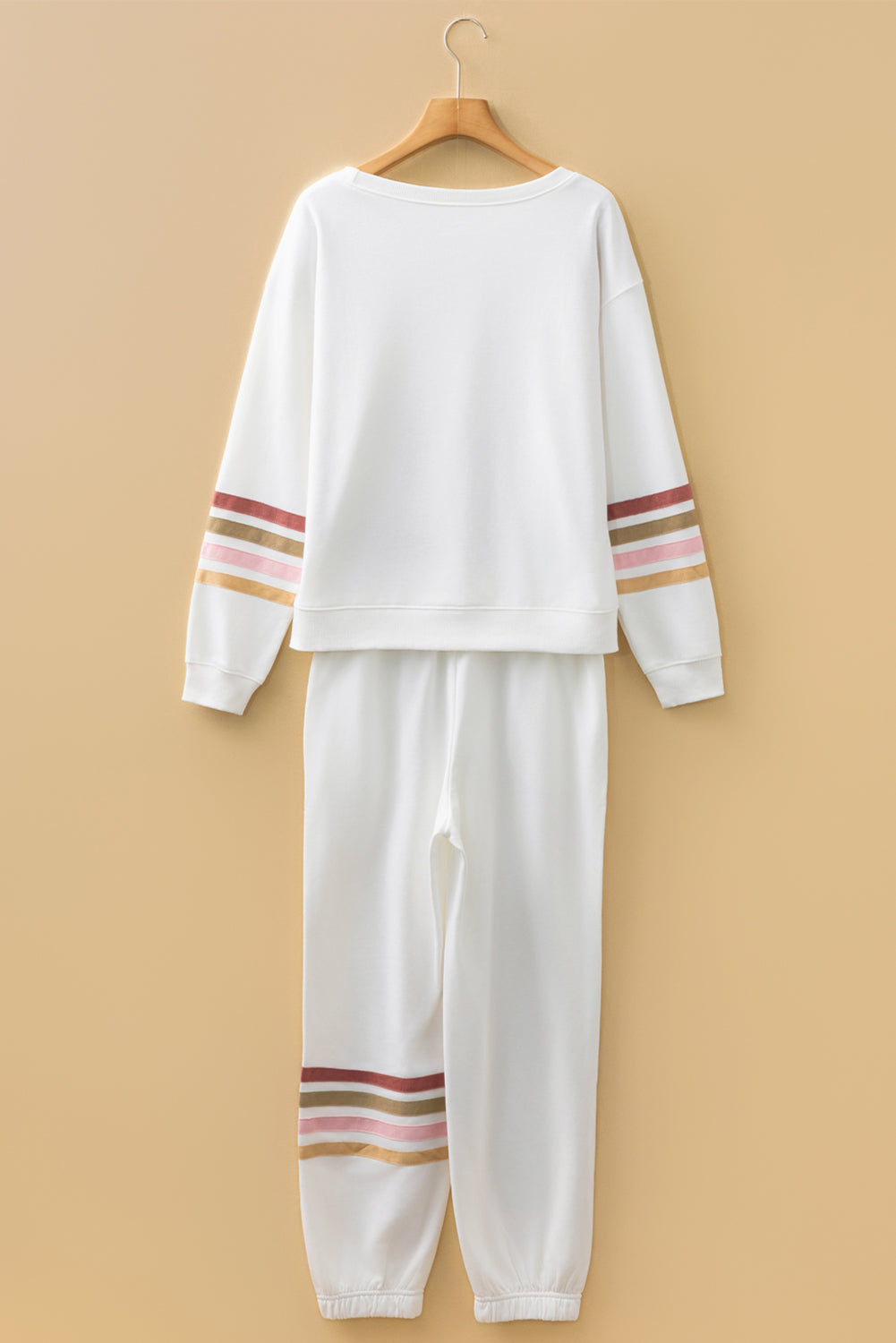 Beige Striped Drop Shoulder Round Neck Pullover and Jogger Pant Set