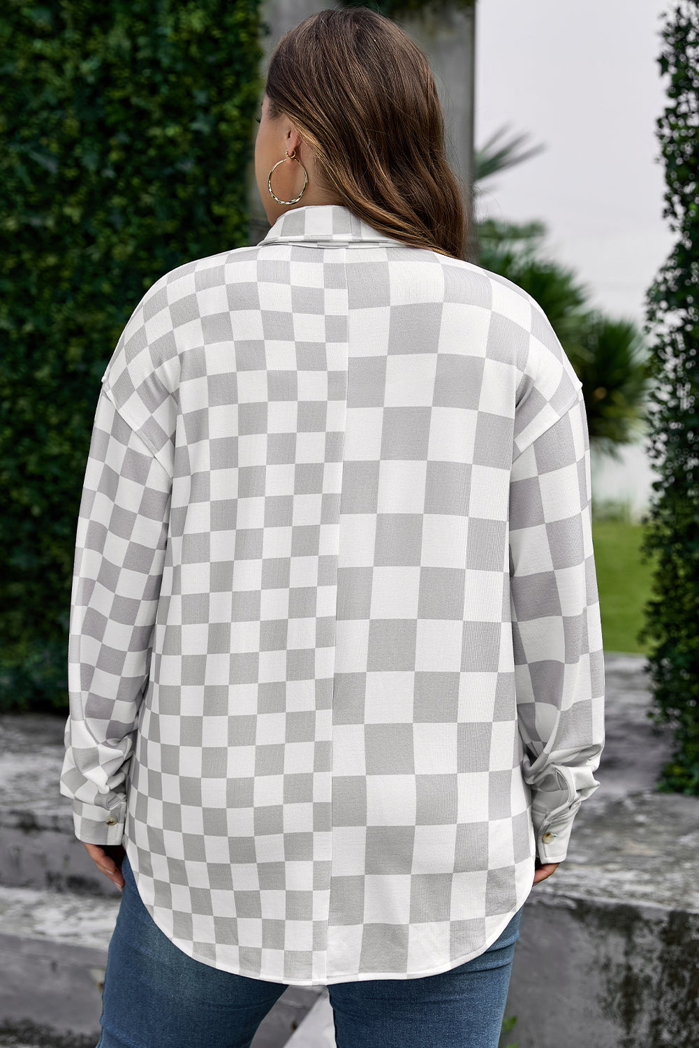 Khaki Plus Size Checkered Buttoned Down Casual Western Shacket