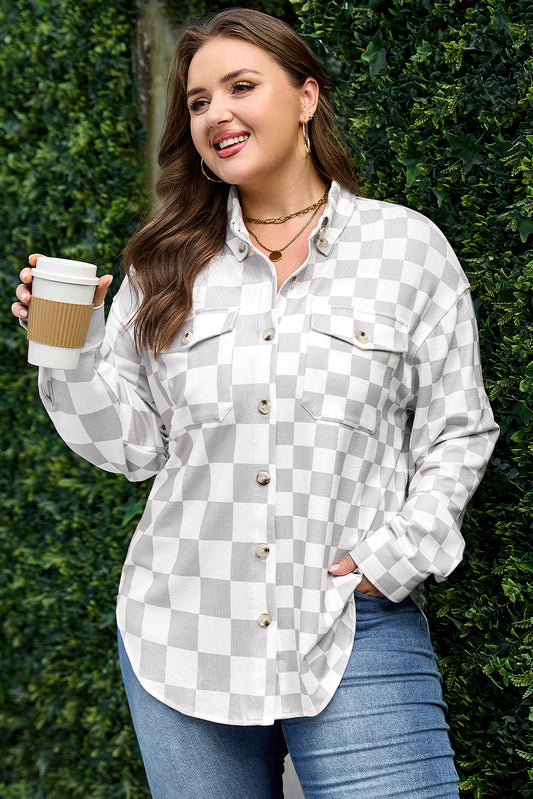 Khaki Plus Size Checkered Buttoned Down Casual Western Shacket