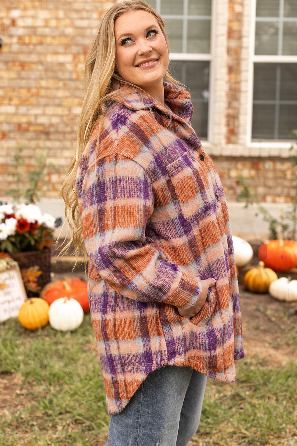 Multicolour Plus Size Plaid Print Collared Button up Shacket