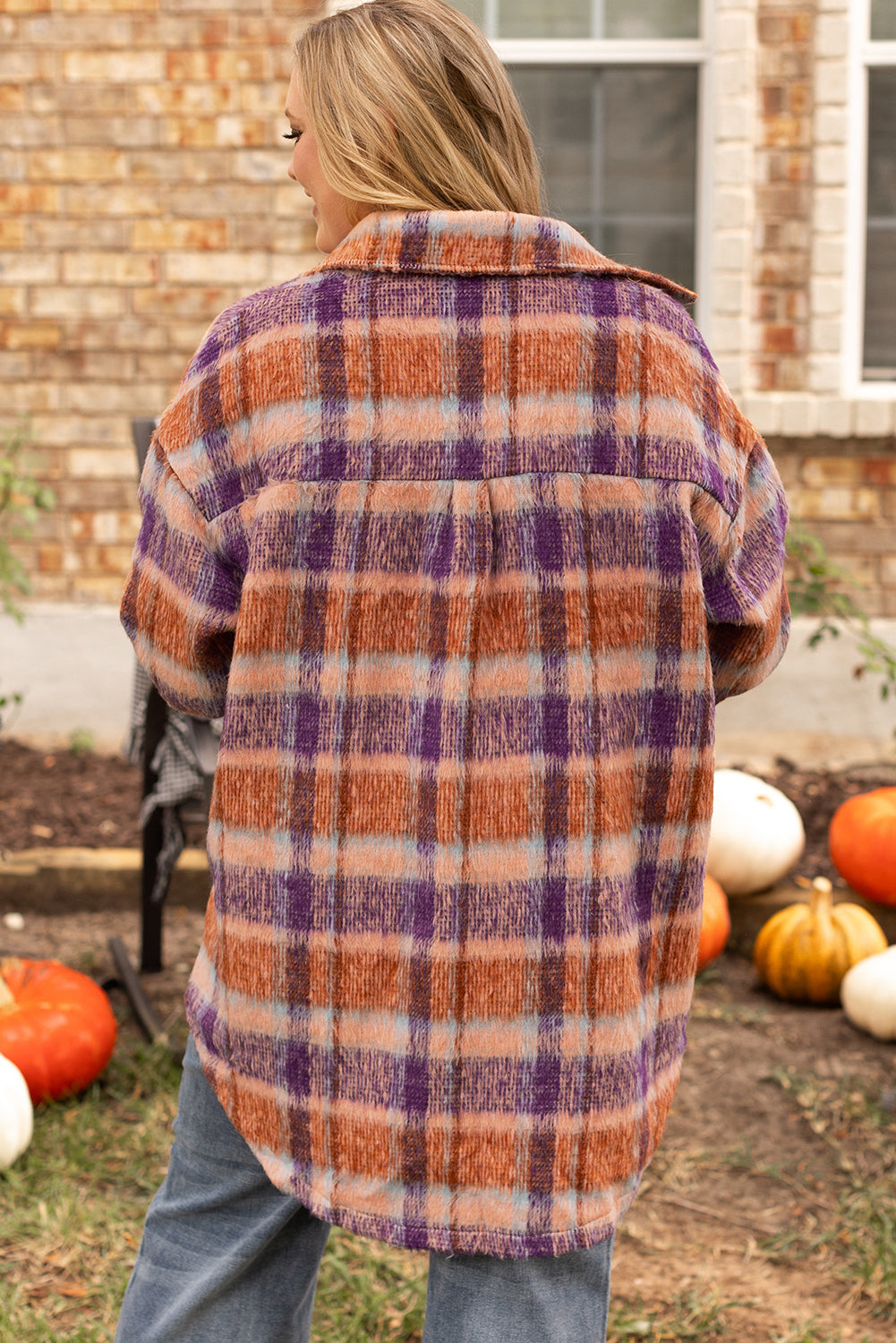 Multicolour Plus Size Plaid Print Collared Button up Shacket