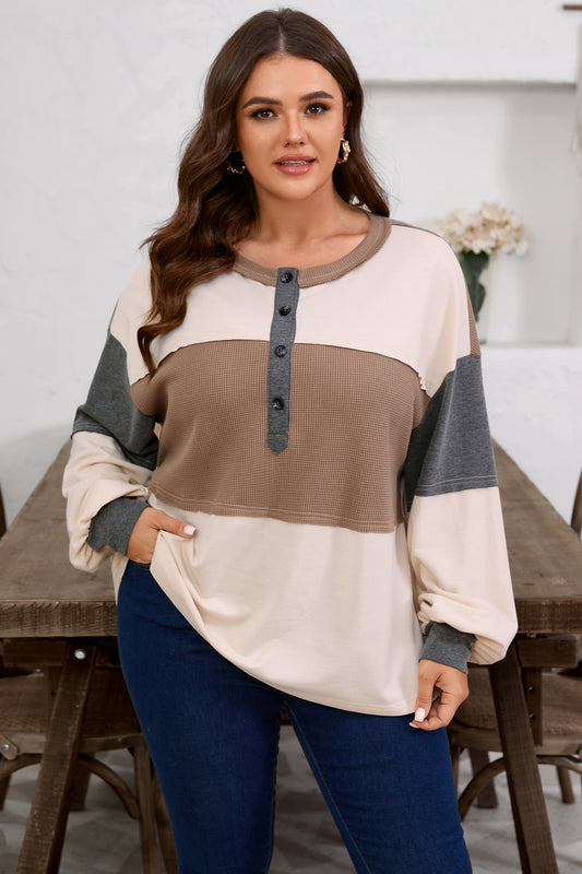Jet Stream Waffle Patchwork Colorblock Half Buttons Casual Plus Size Knit Sweater