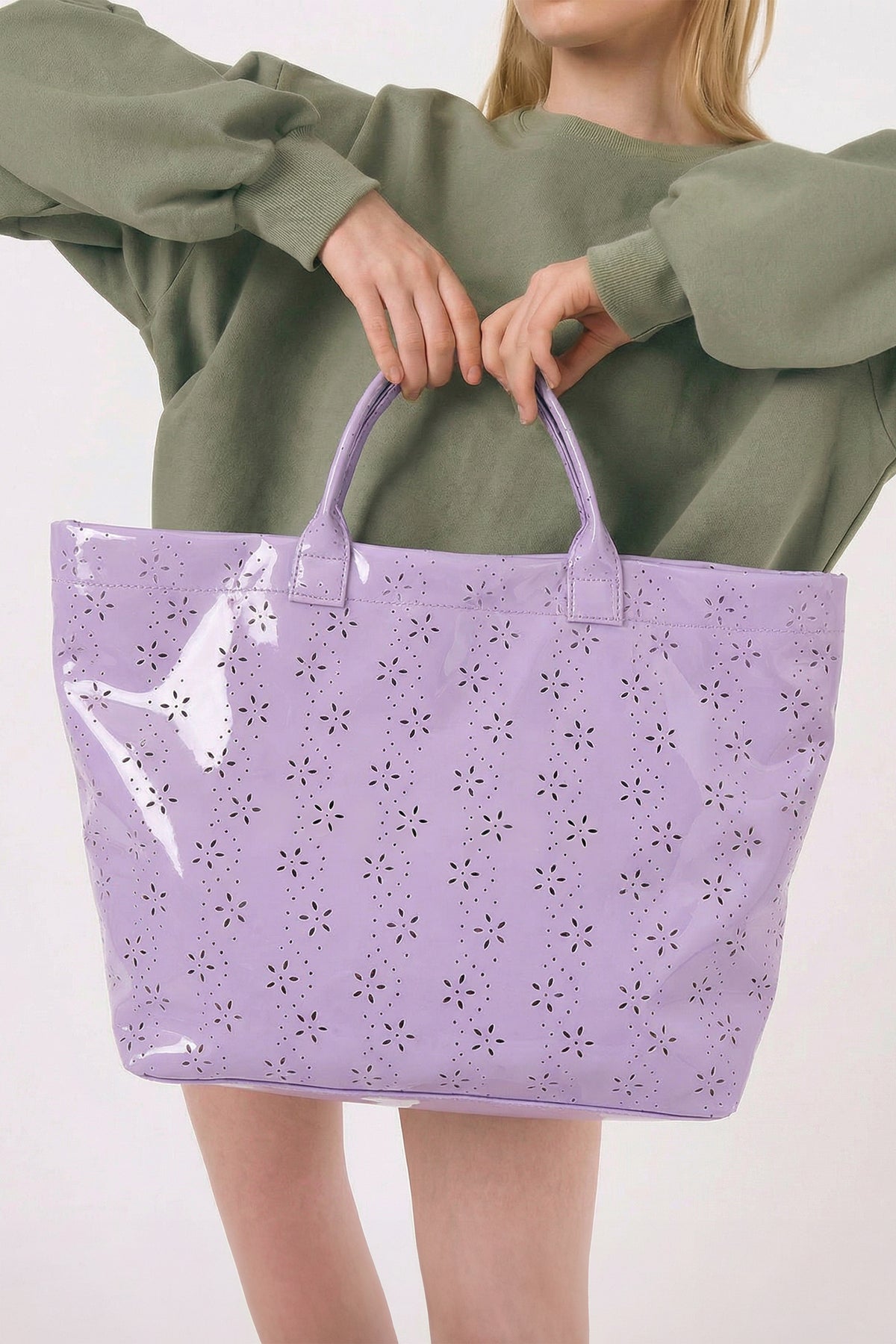 Dusk Blue Eyelet Flower Pattern PVC Glossy Waterproof Tote Bag
