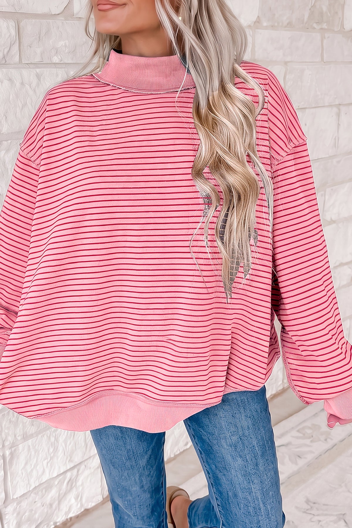 Green Stripe Ribbed Color Block Mock Neck Oversized Sweatshirt