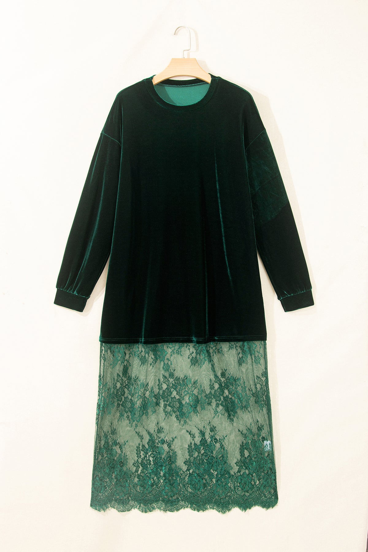 Blackish Green Velvet Long Sleeve Lace Splicing Hem Shift Maxi Dress