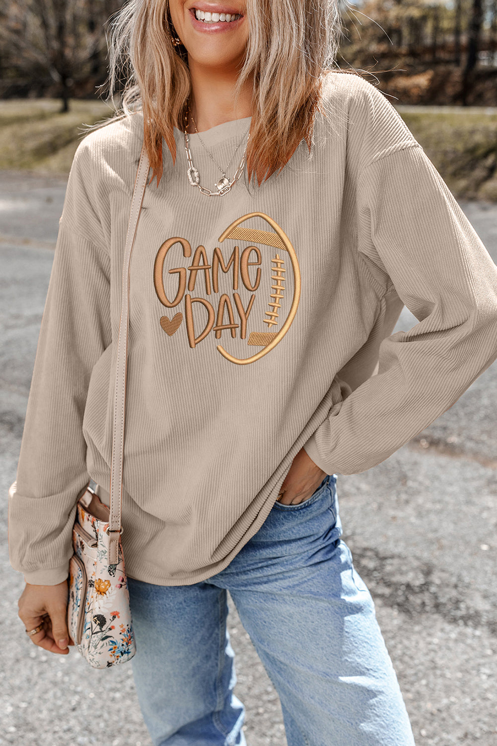 Smoke Gray Twisted Rib Texture game day Rugby Embroidered Baggy Sweatshirt