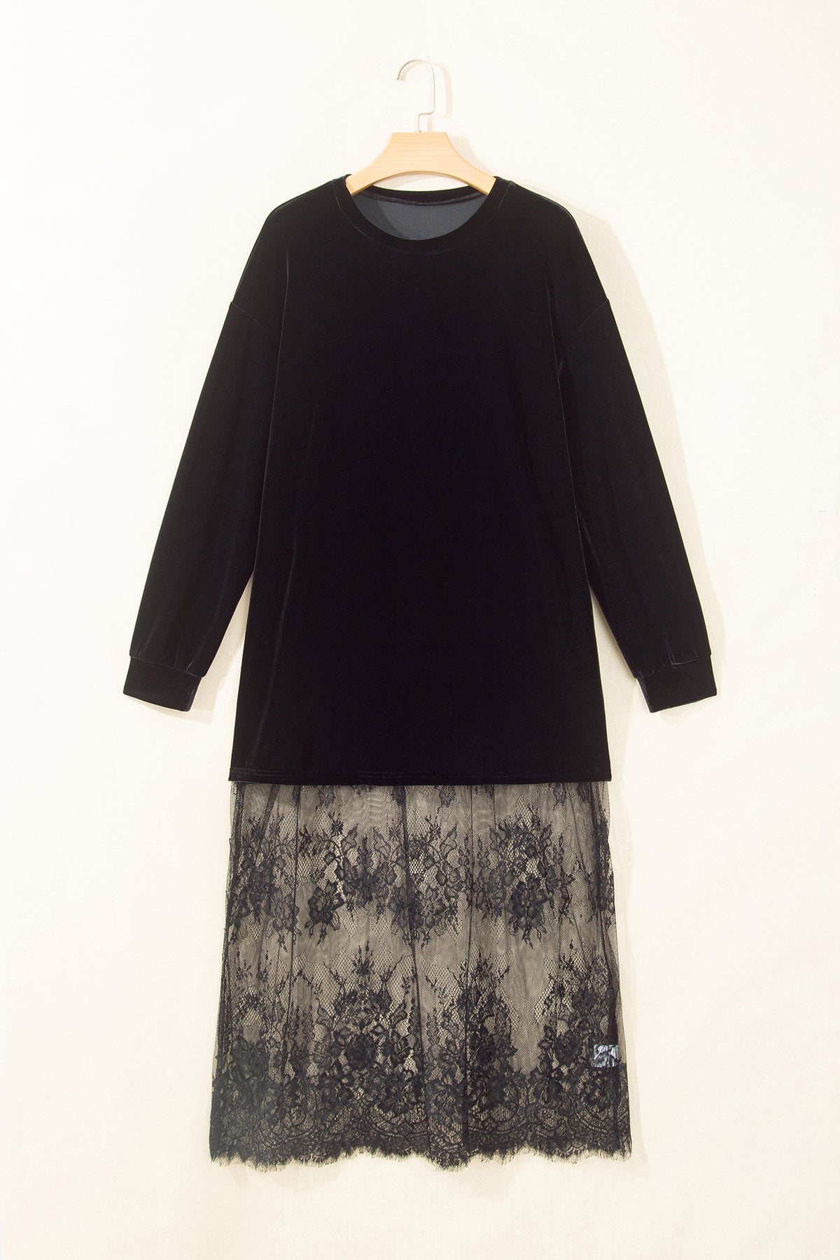 Blackish Green Velvet Long Sleeve Lace Splicing Hem Shift Maxi Dress