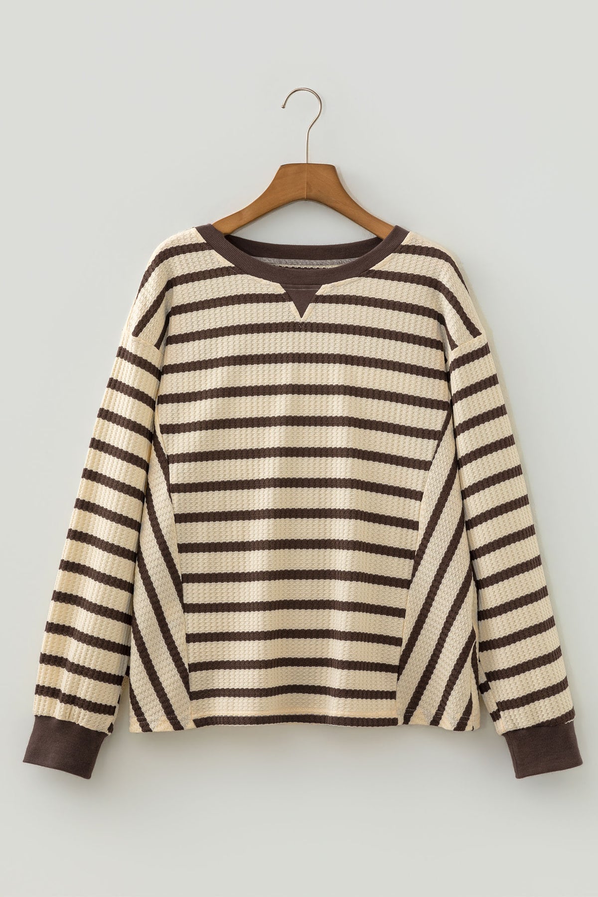 Brown Stripe Patchwork Ribbed Cuff Casual Pullover Sweatshirt