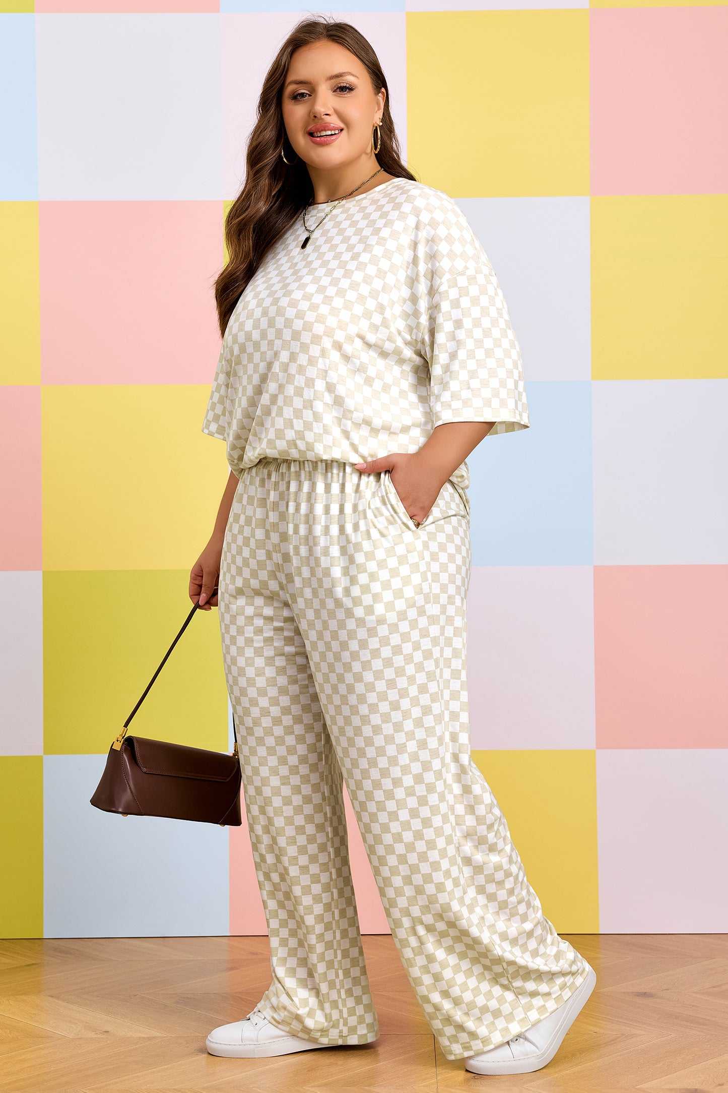 Khaki Plus Size Checkered Print Half Sleeve Tee Loose Pants Set